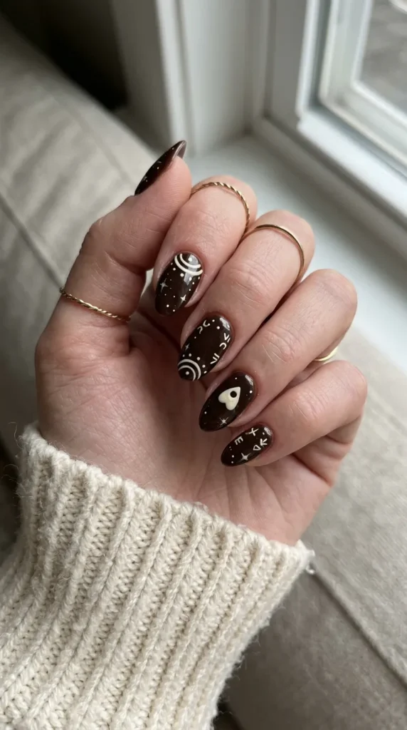 unique halloween nails: dark brown nail with cream spirit-board letters and a planchette
