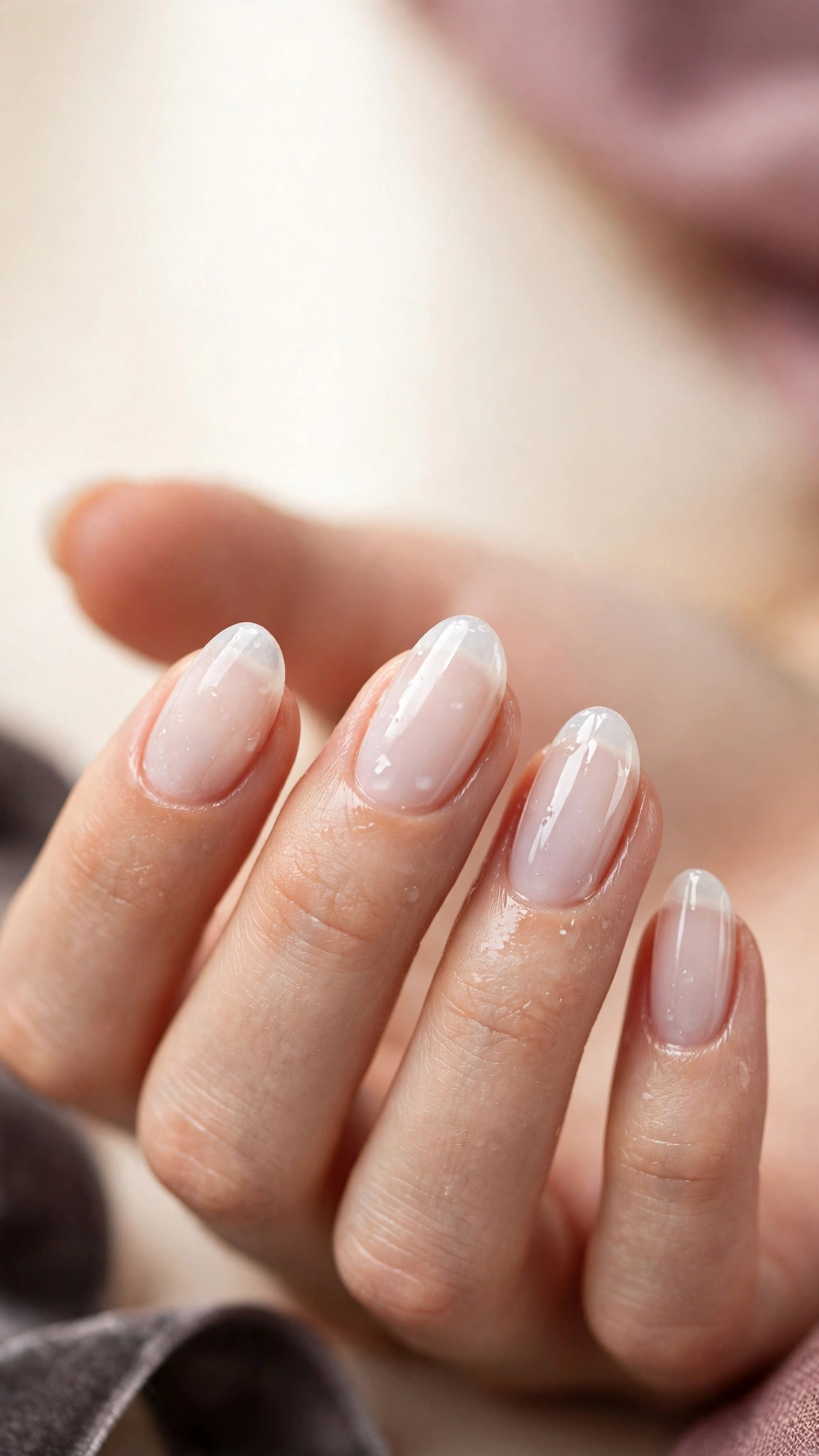 Sheer white jelly nails with translucent glossy finish