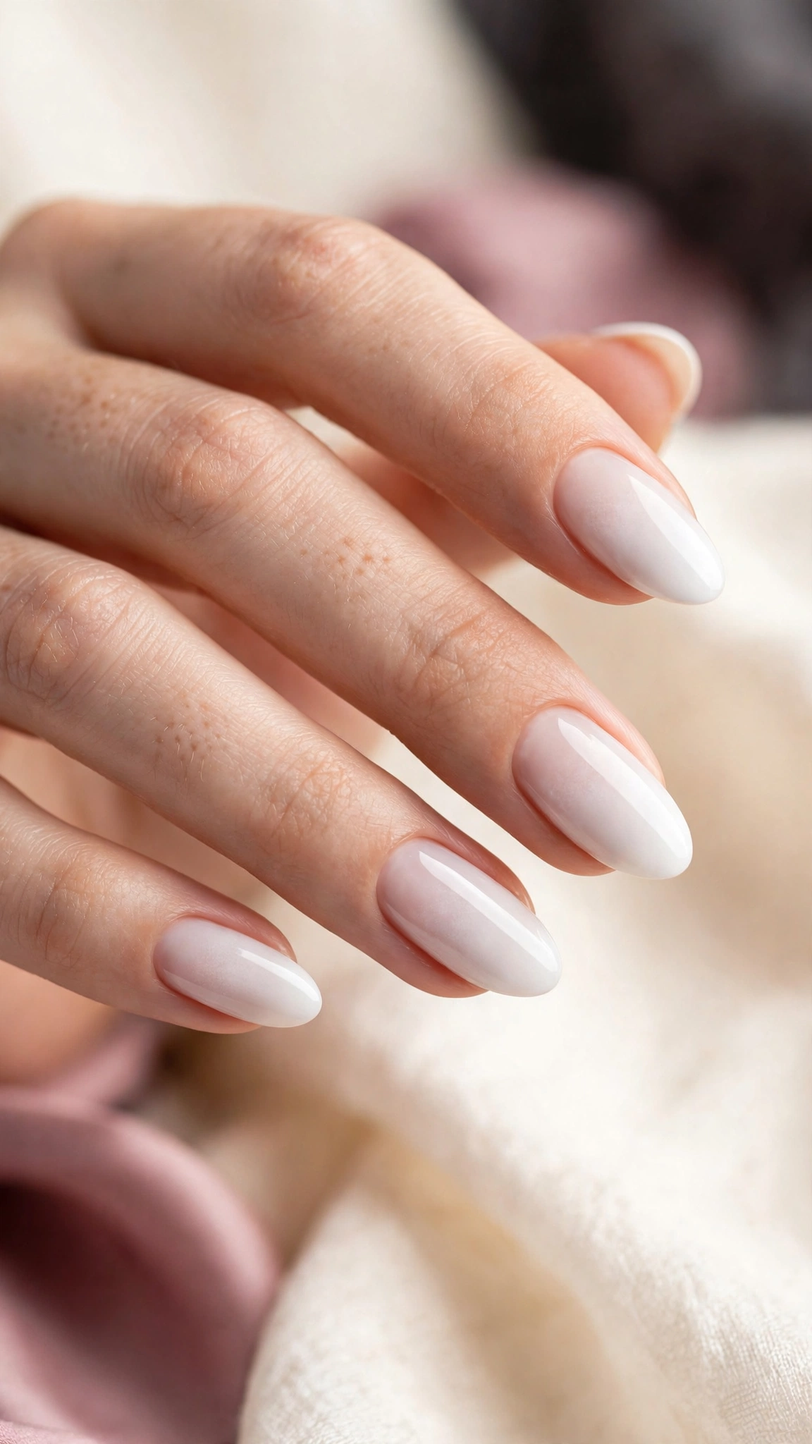 White ombre nails fading to sheer near cuticle