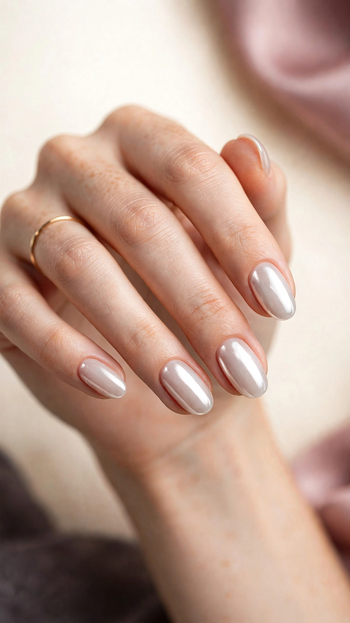 Glazed white nails with subtle chrome glaze finish