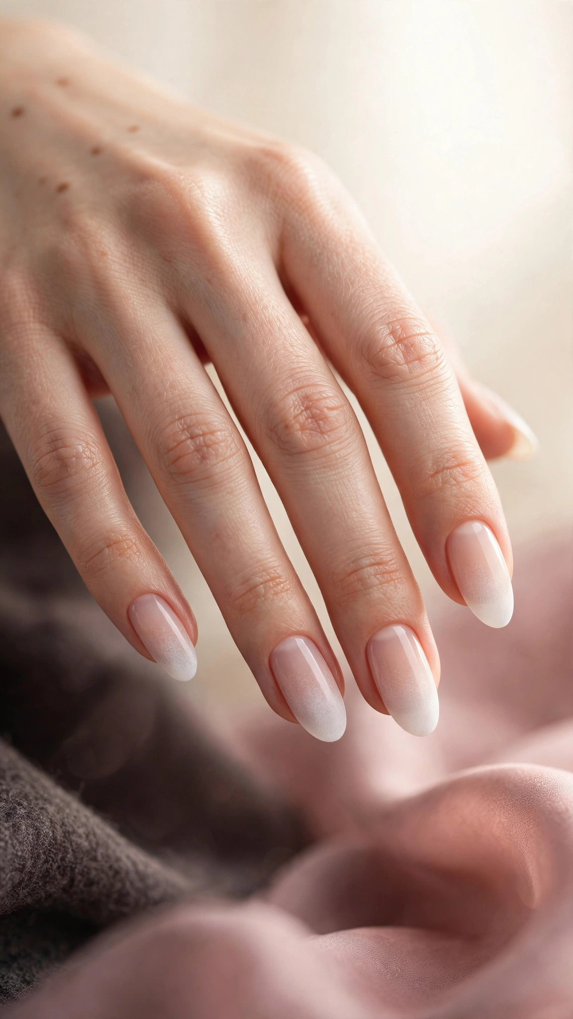 Frosted white gradient nails fading from sheer base