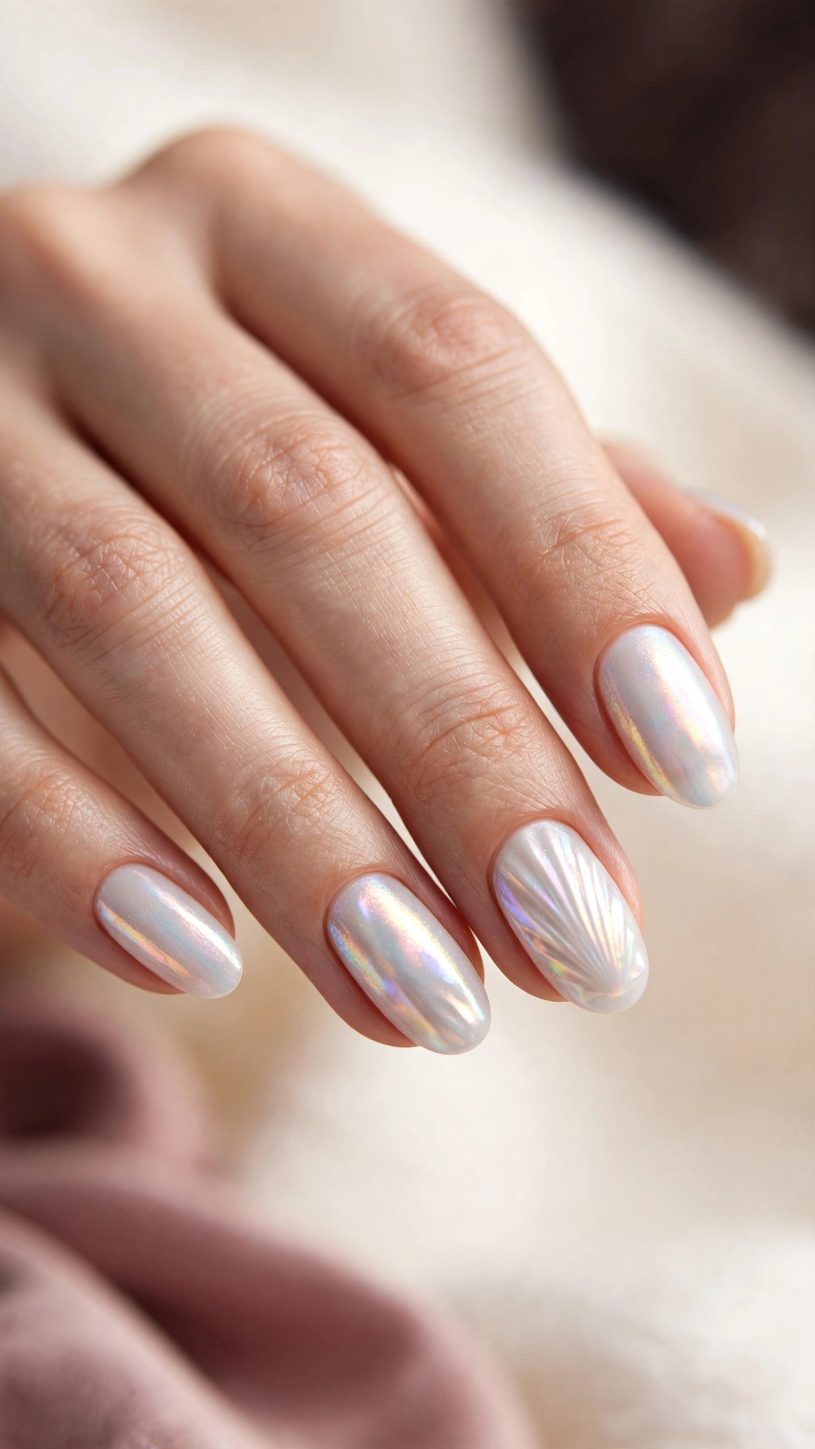 Pearl white nails with iridescent shimmer