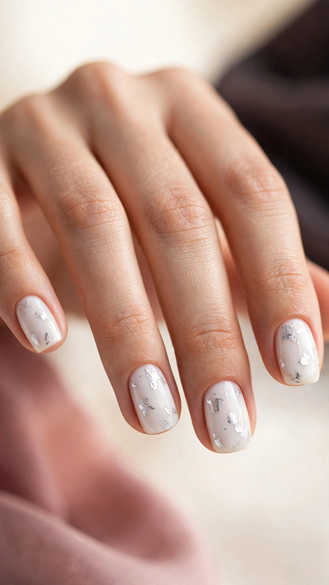White nails with delicate silver foil flakes
