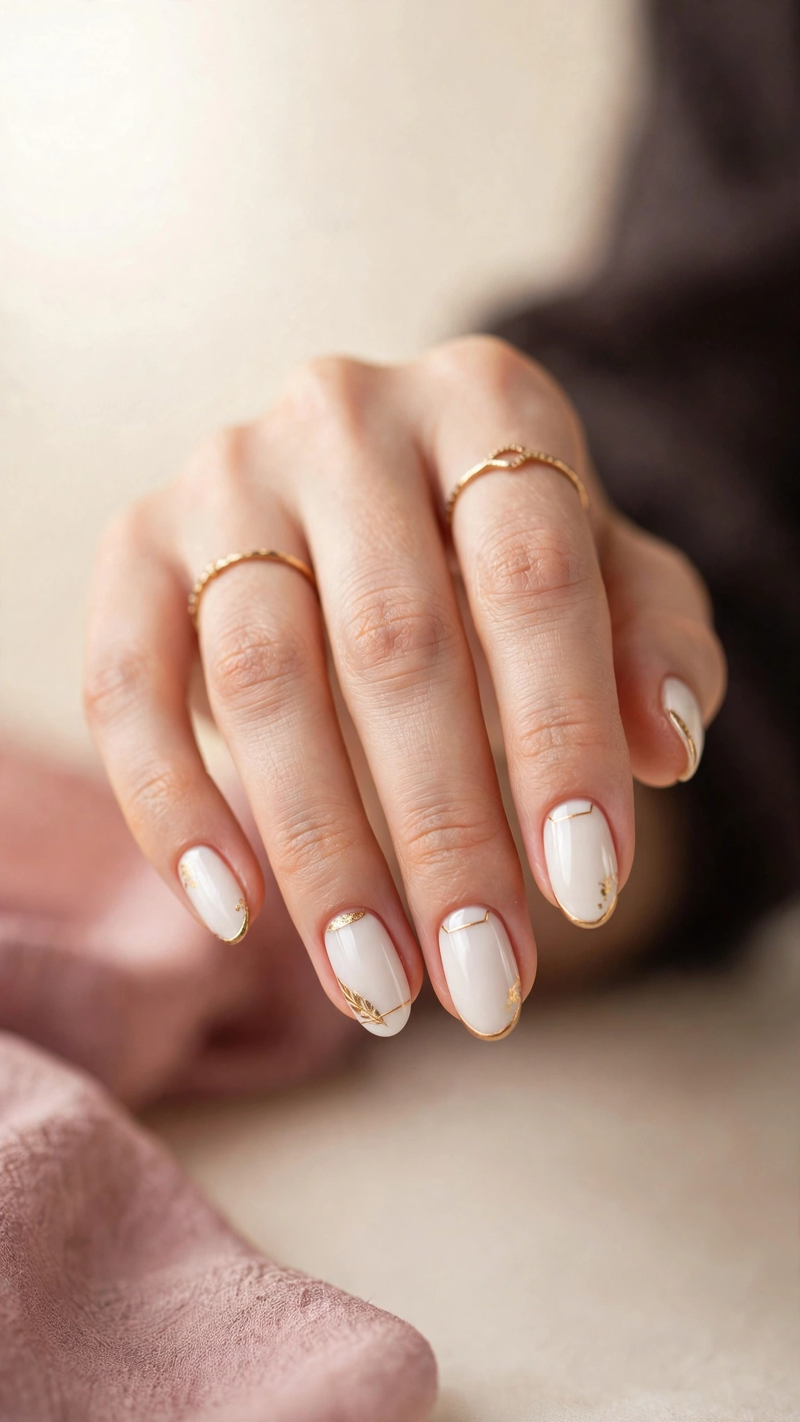 White nails with gold foil accent detailing