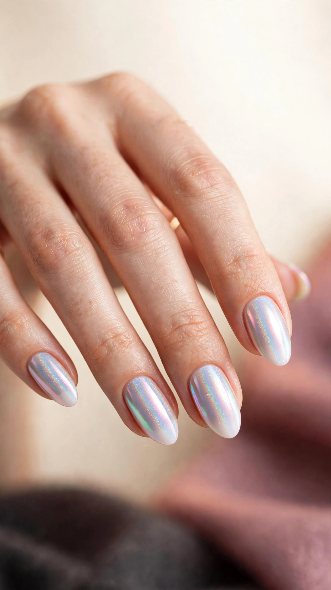 Iridescent aurora white nails with holographic shimmer