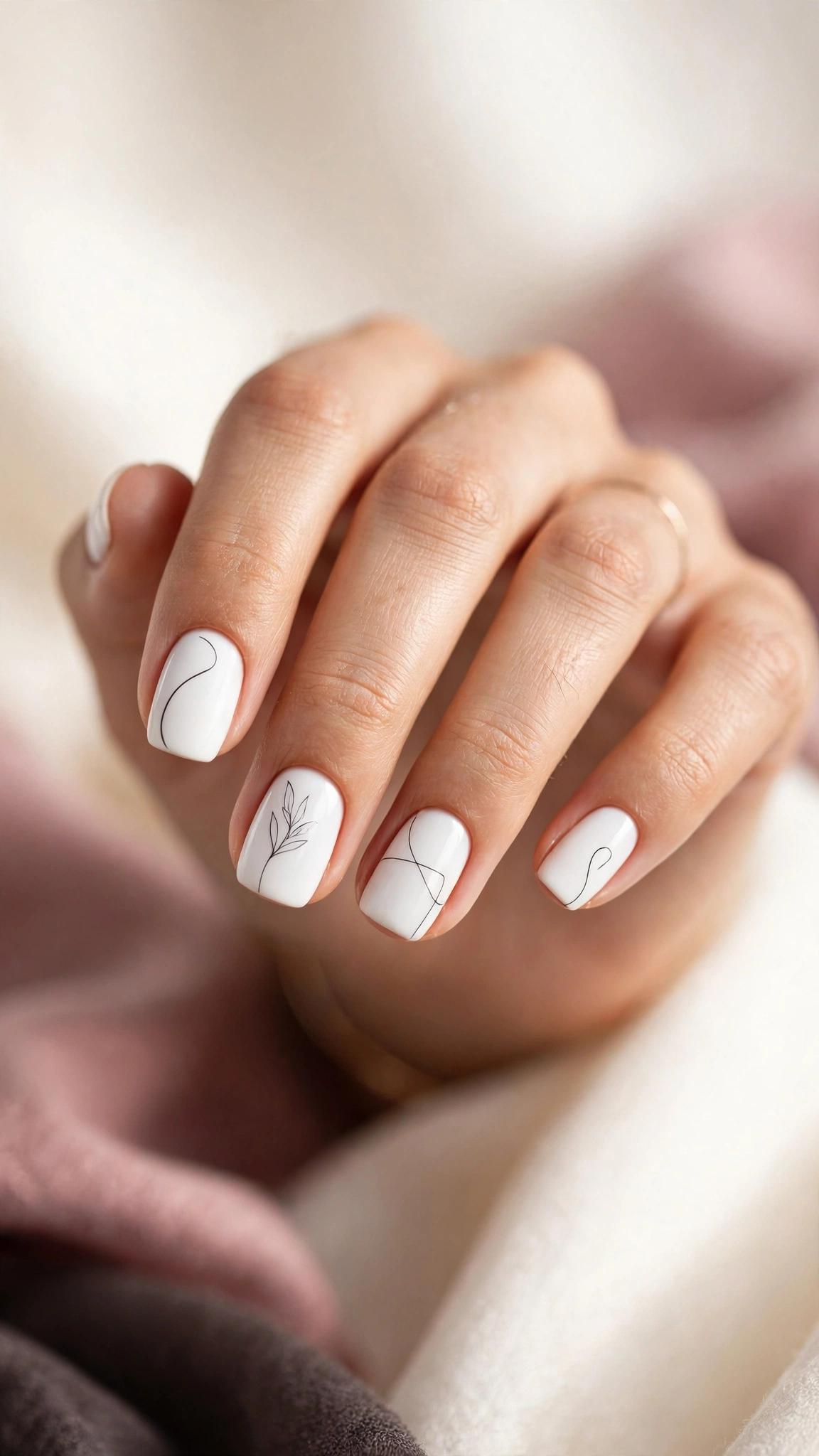 White nails with minimalist black line art