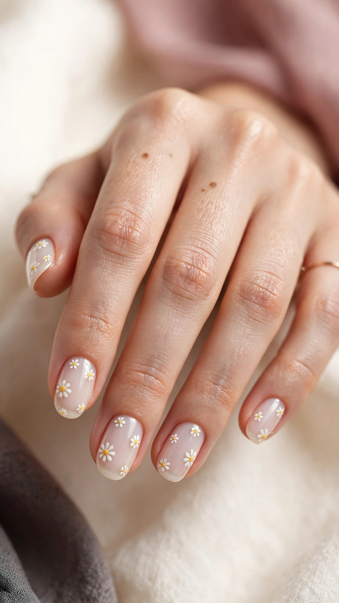 White nails with dainty hand-painted floral art