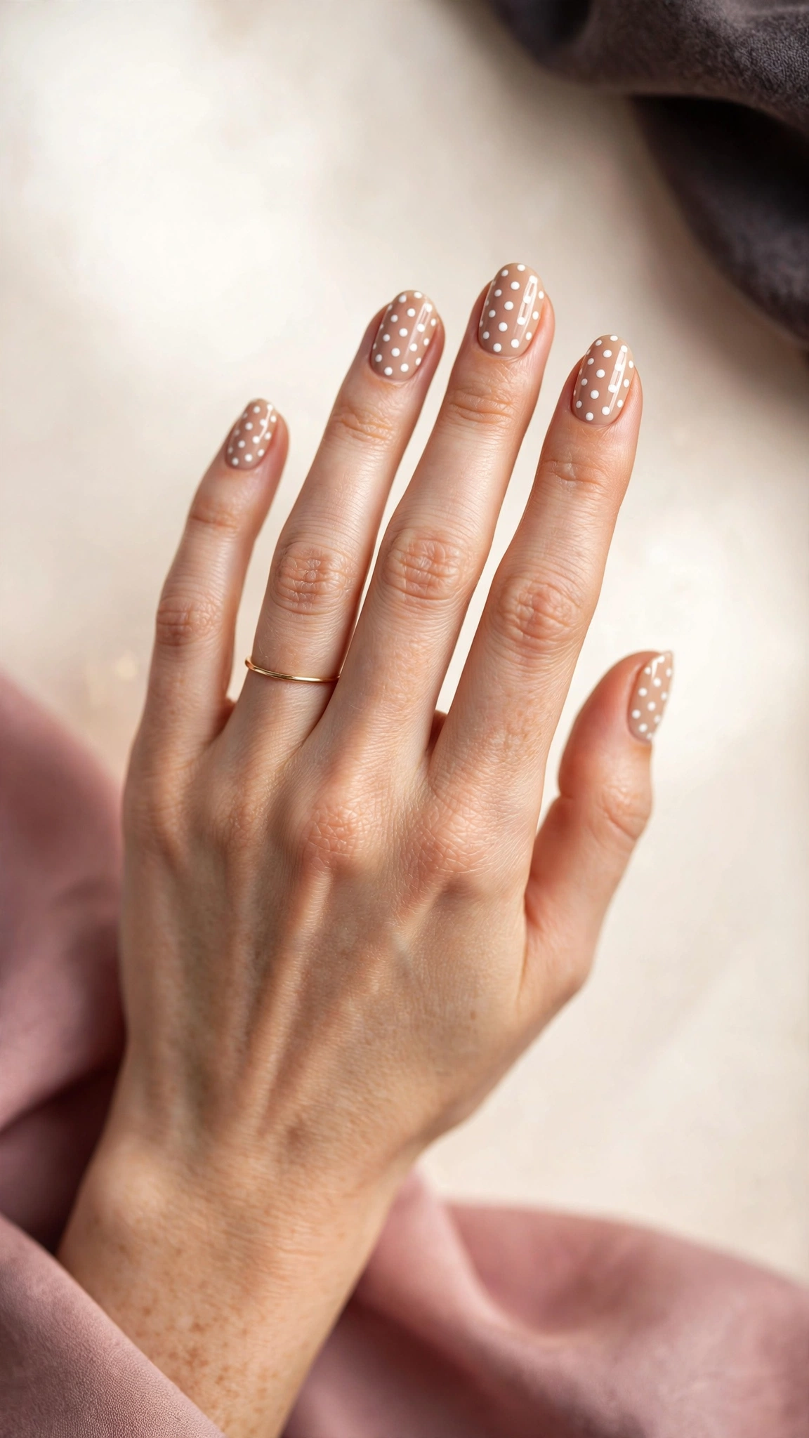 White polka dot nail art over nude base