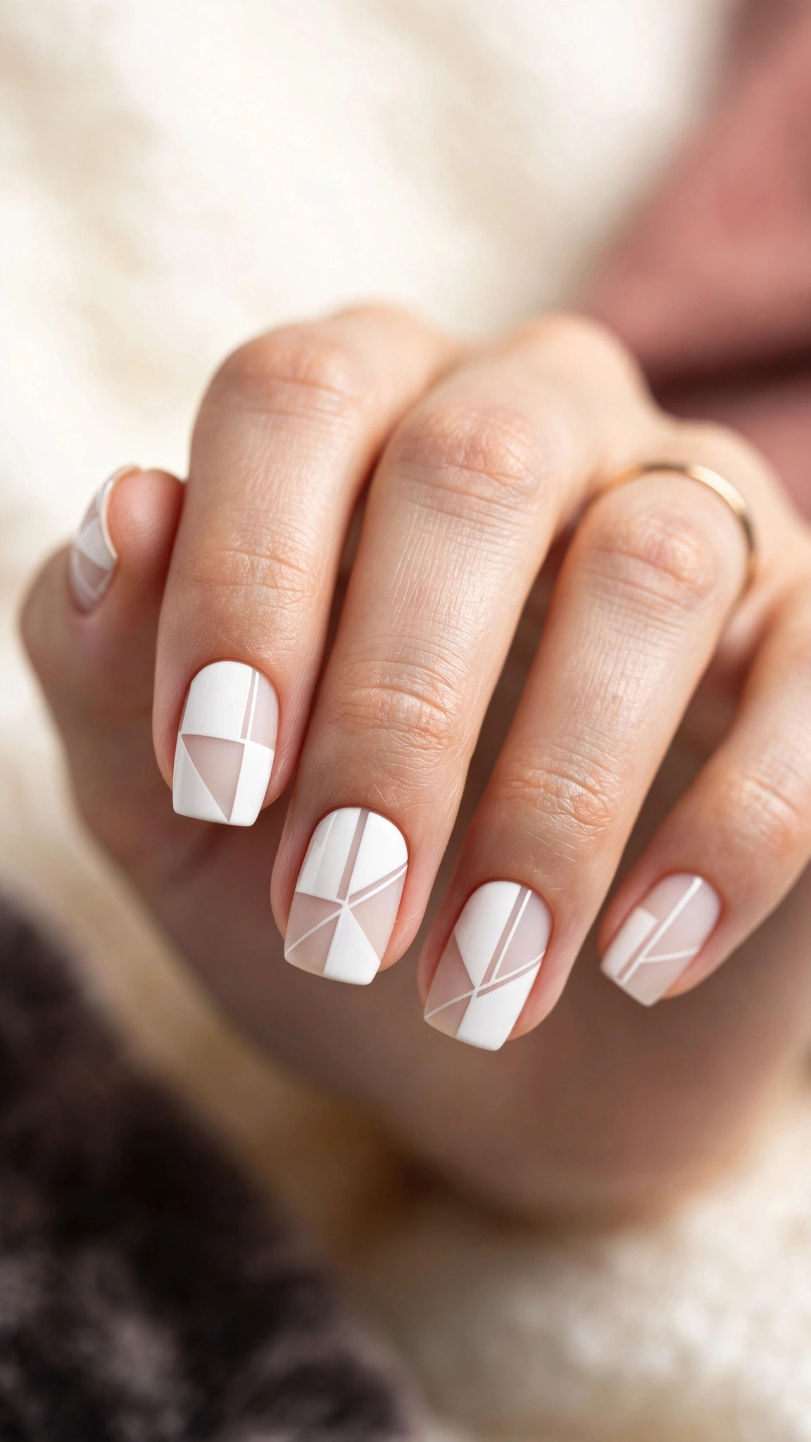 Geometric white nail art with clean color blocking
