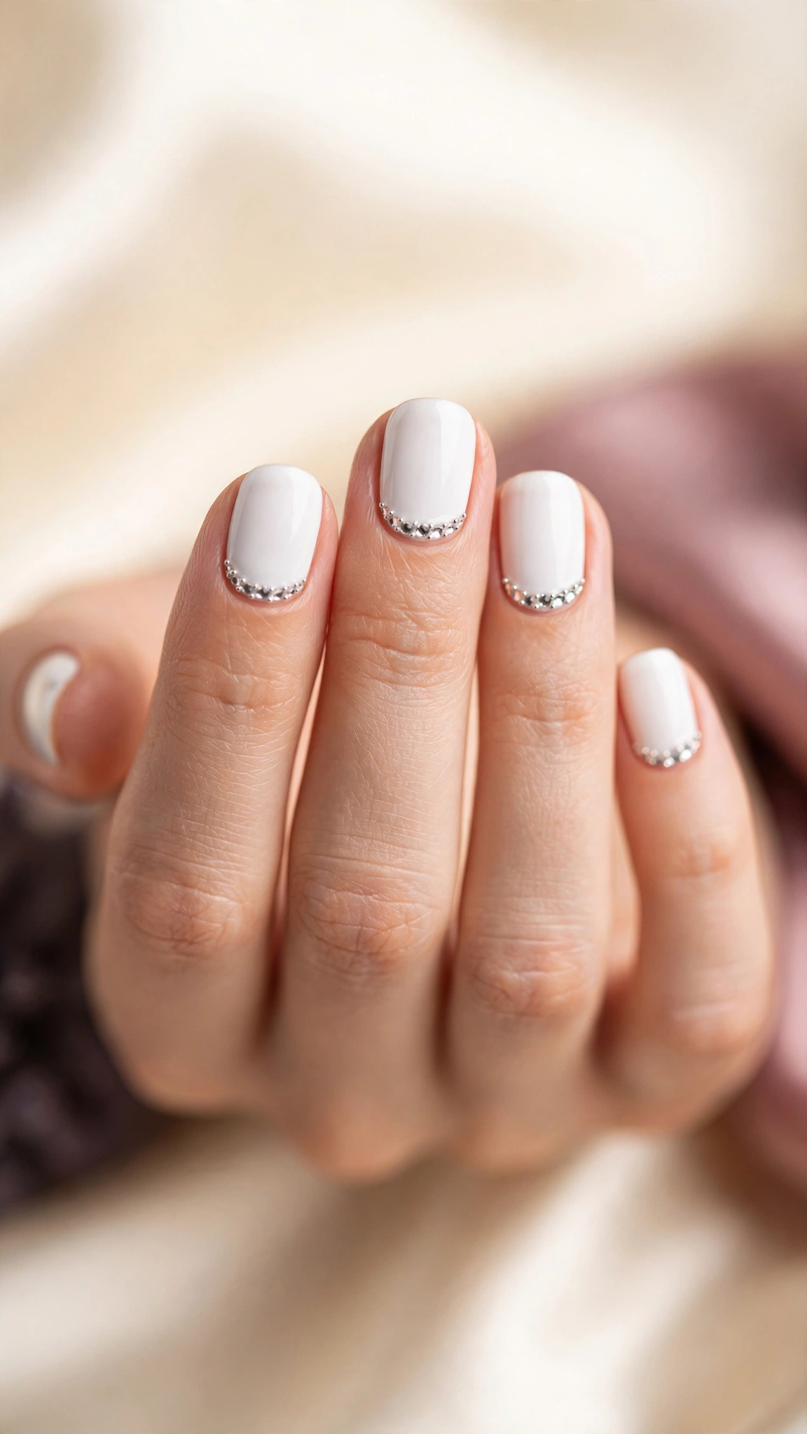 White nails with rhinestone cuticle detailing