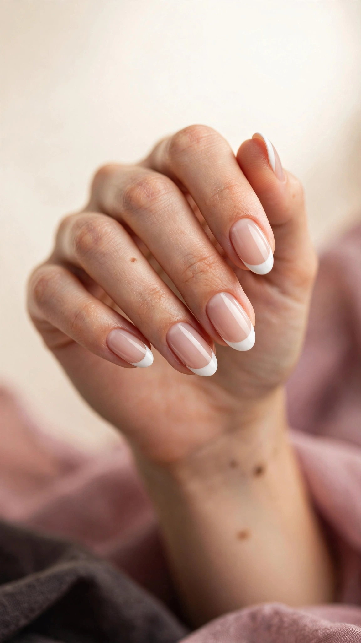Classic white French tip manicure on nude base