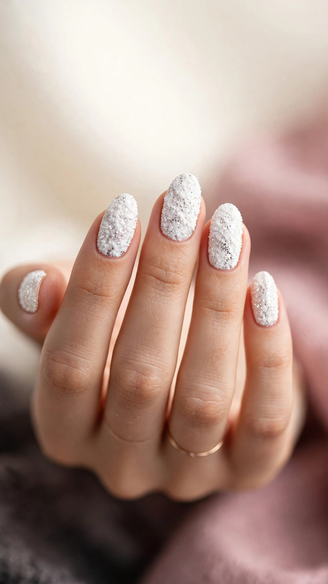 Winter snow white nails with silver glitter texture