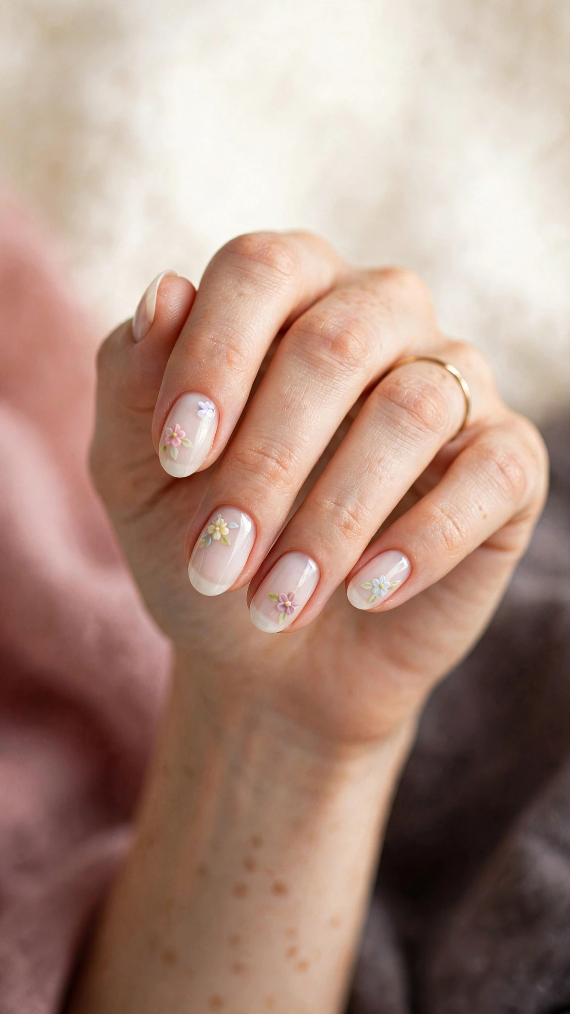 Spring white nails with pastel floral accents