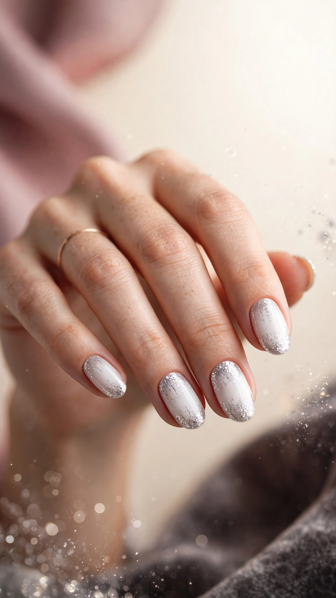 White and silver glitter New Year nails