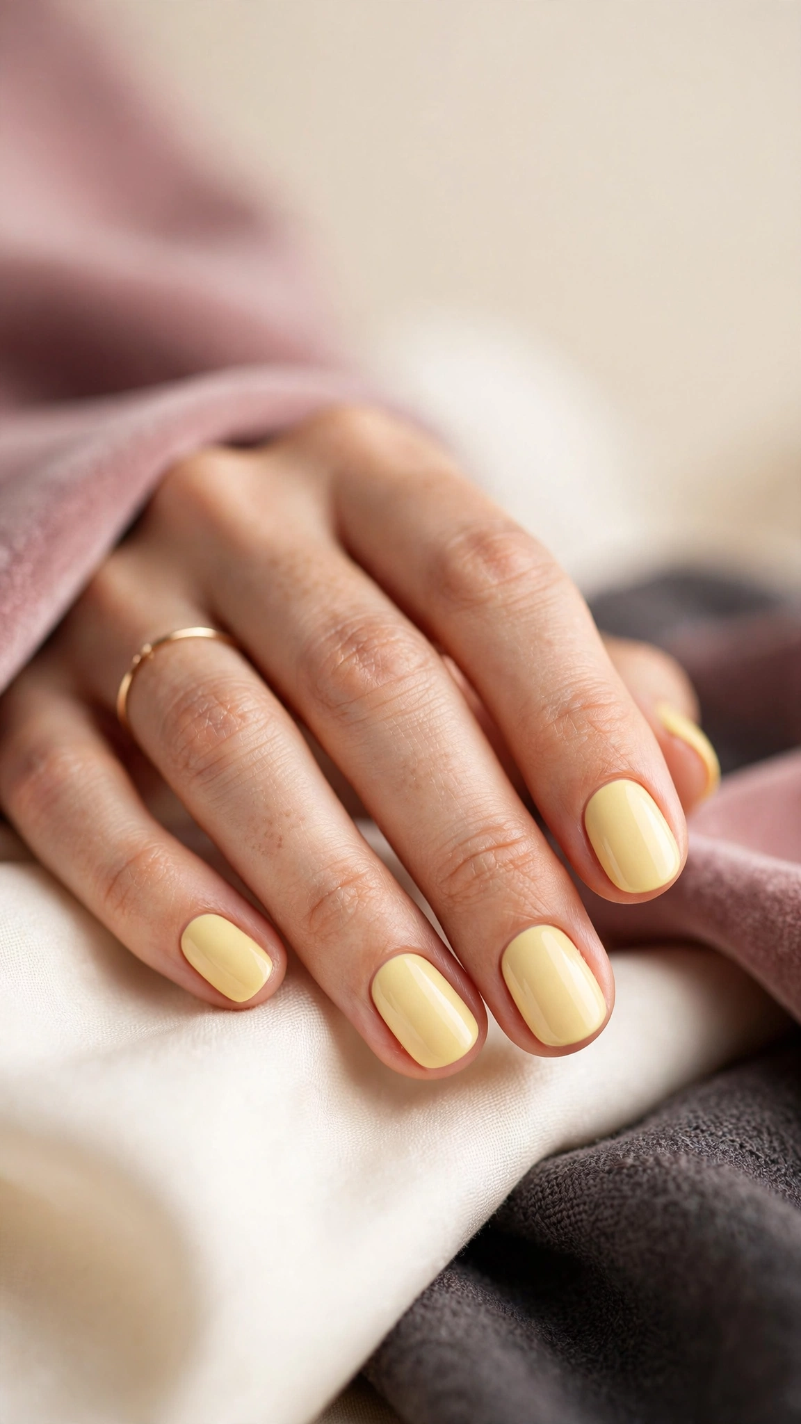 butter yellow creme nail polish on short oval nails, soft milky pastel finish