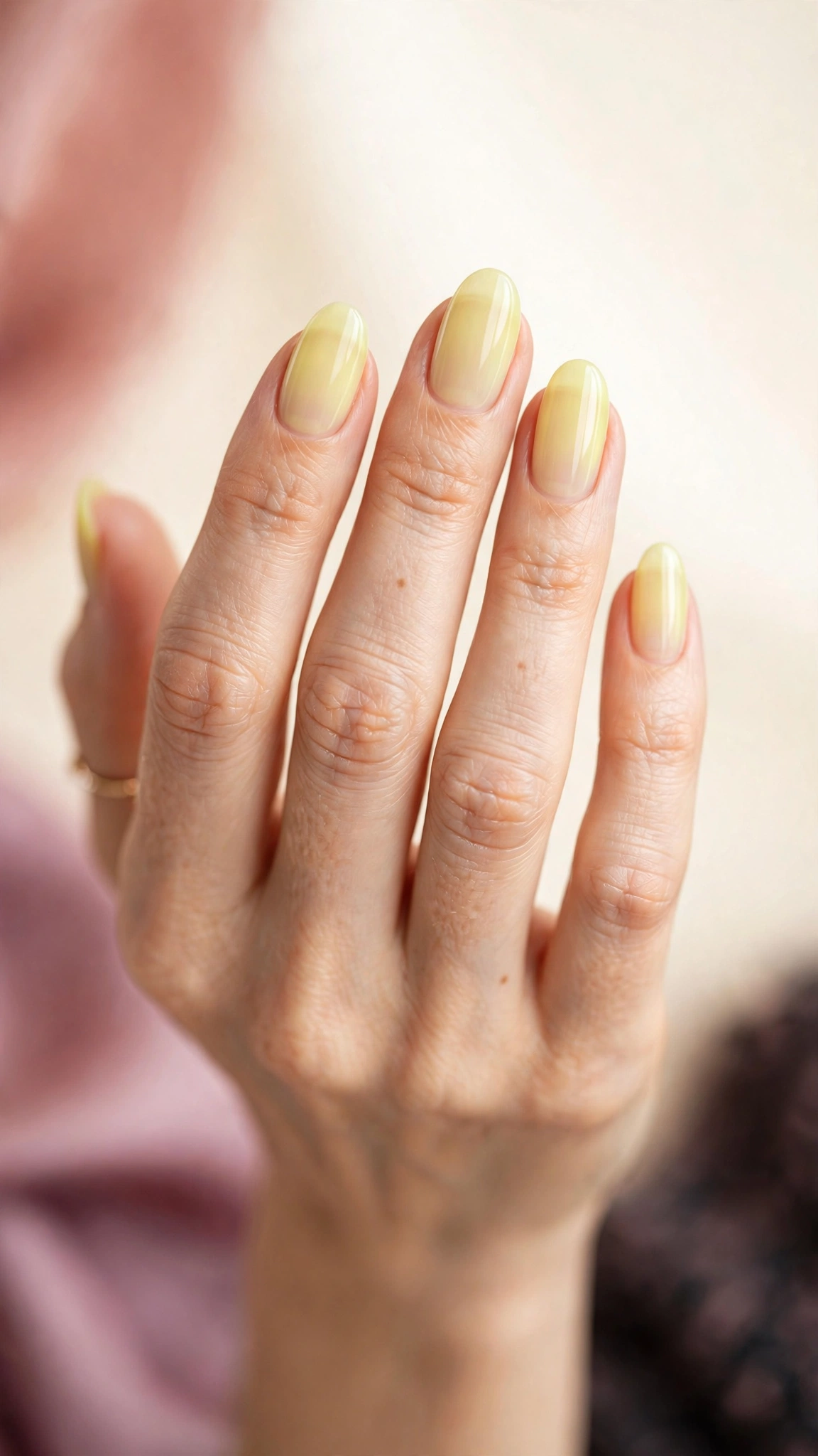 sheer pastel lemon yellow nail polish, translucent wash on almond nails