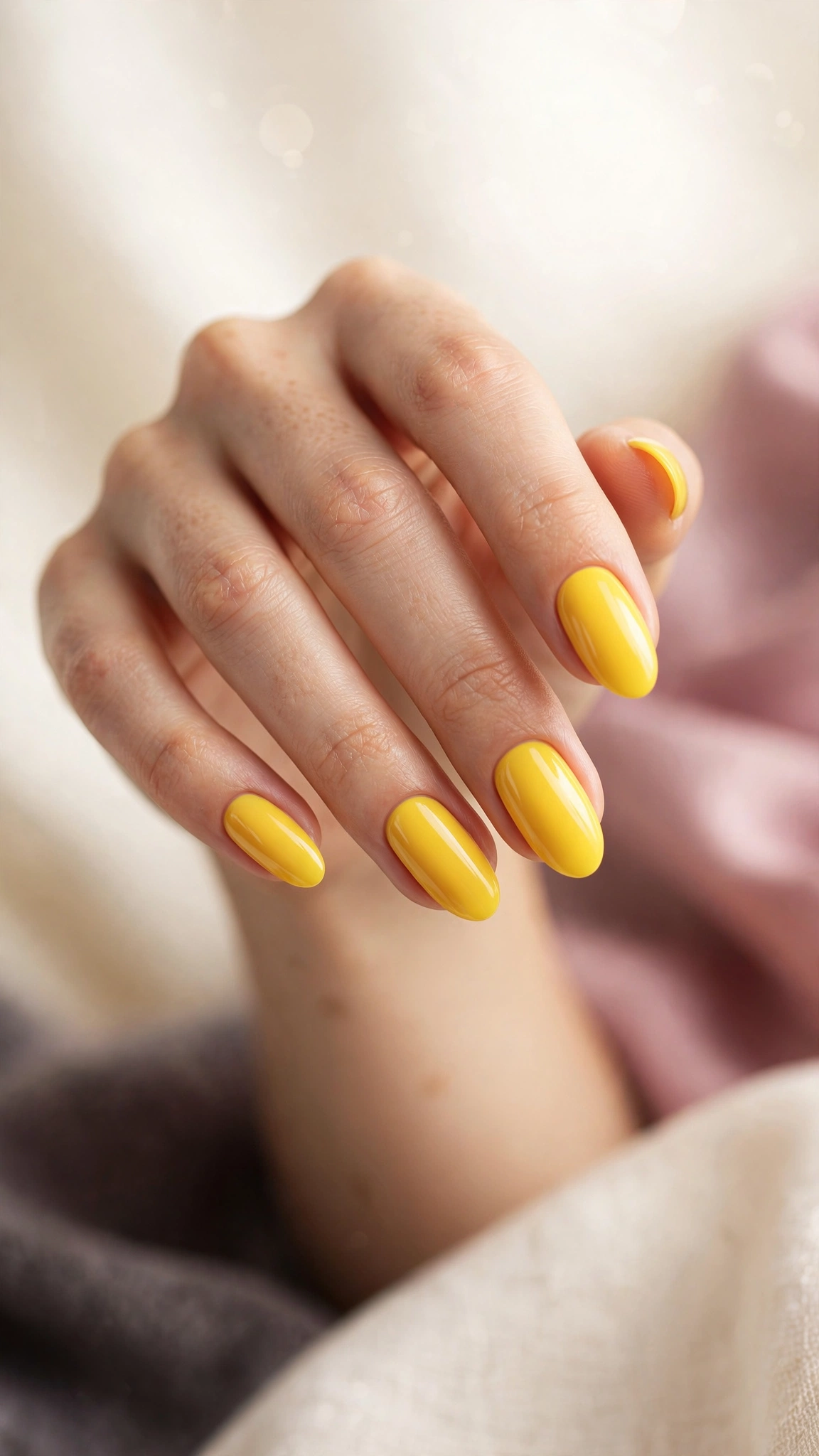 bright sunflower yellow nail polish, saturated glossy finish on almond nails