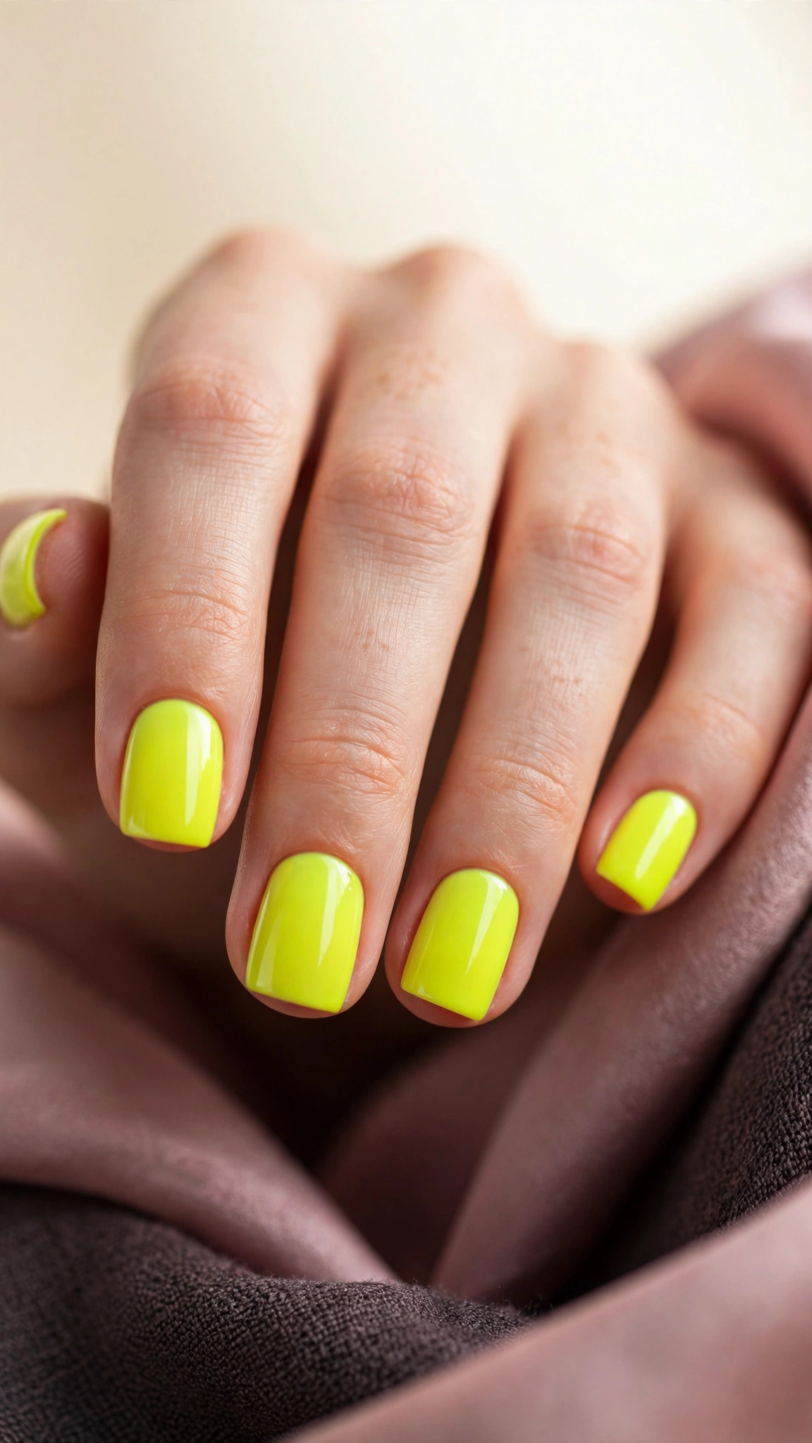 electric neon yellow nail polish, vivid highlighter bright on short square nails