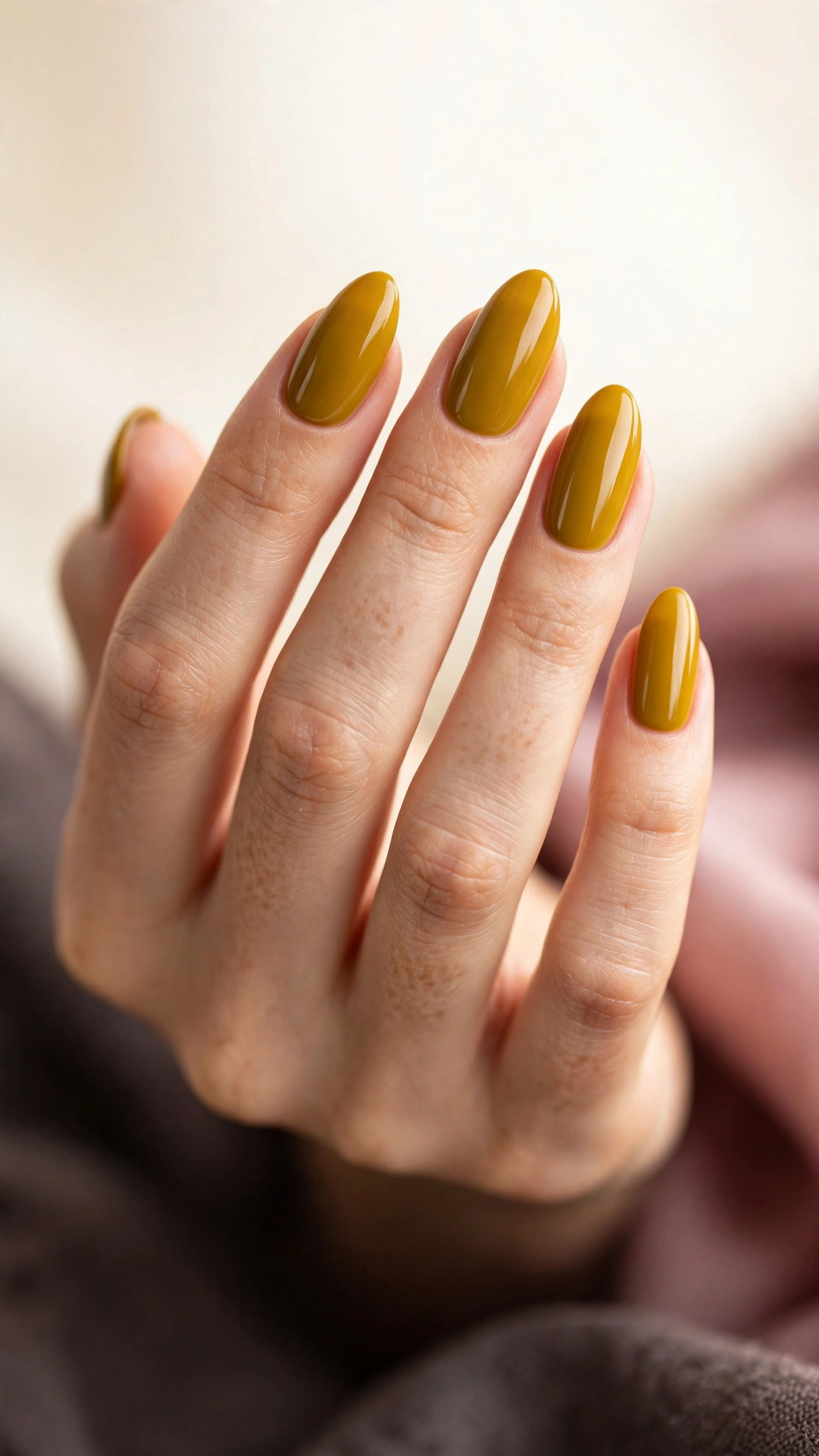 deep mustard yellow nail polish, rich glossy finish on almond nails