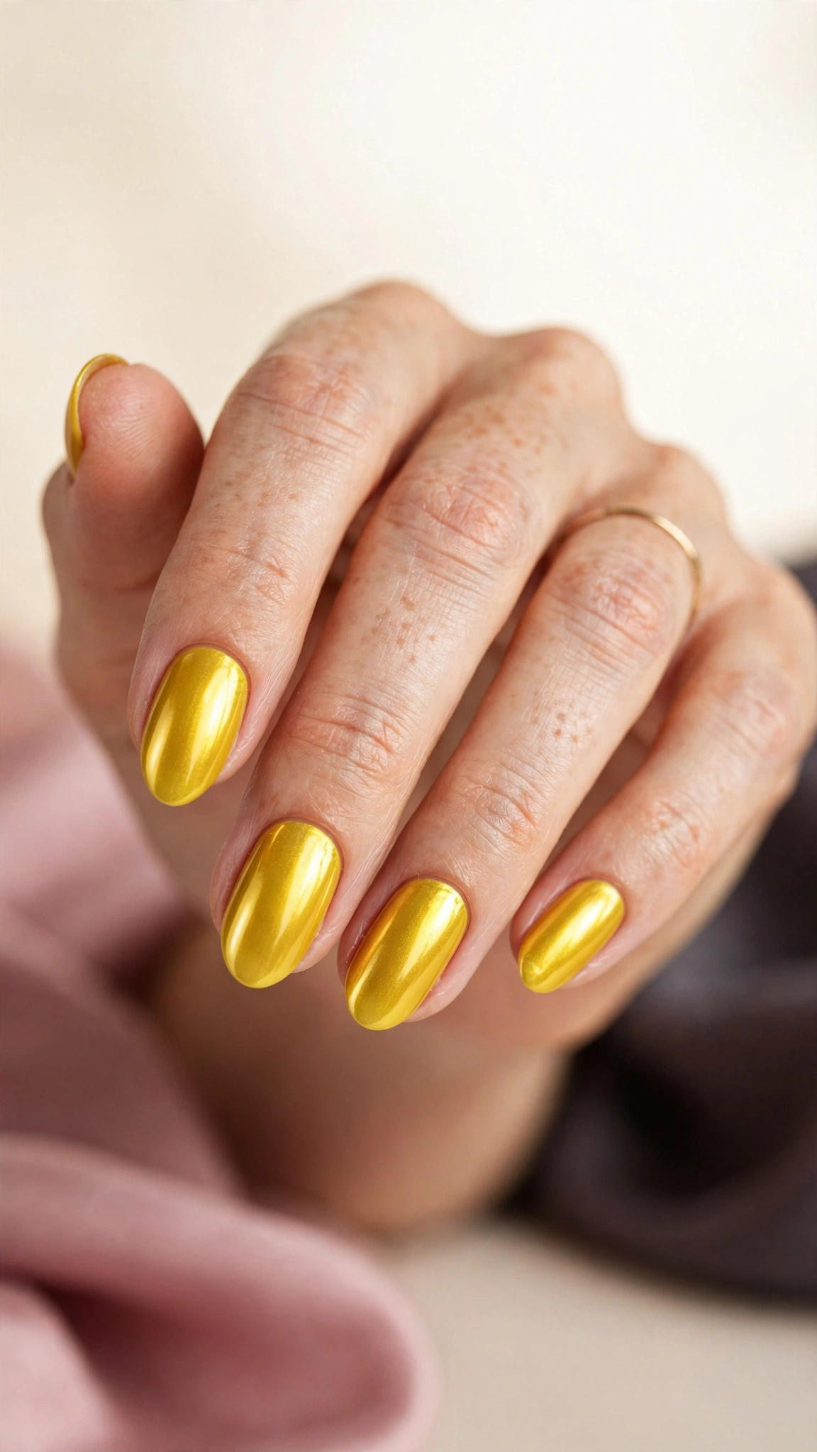 metallic goldenrod yellow chrome nails, mirror shine finish