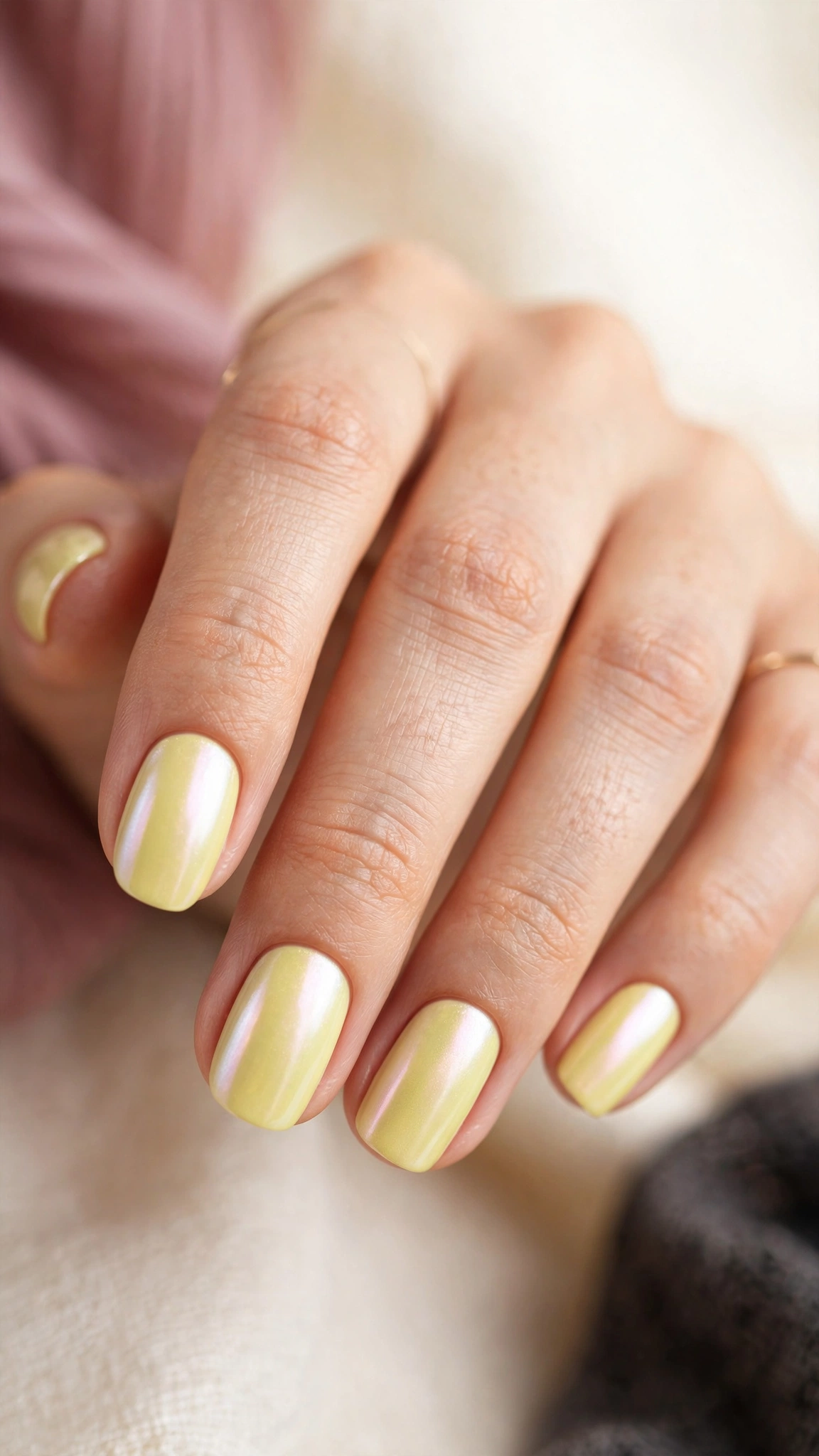 pale lemon yellow chrome nails, pearlescent mirror glow