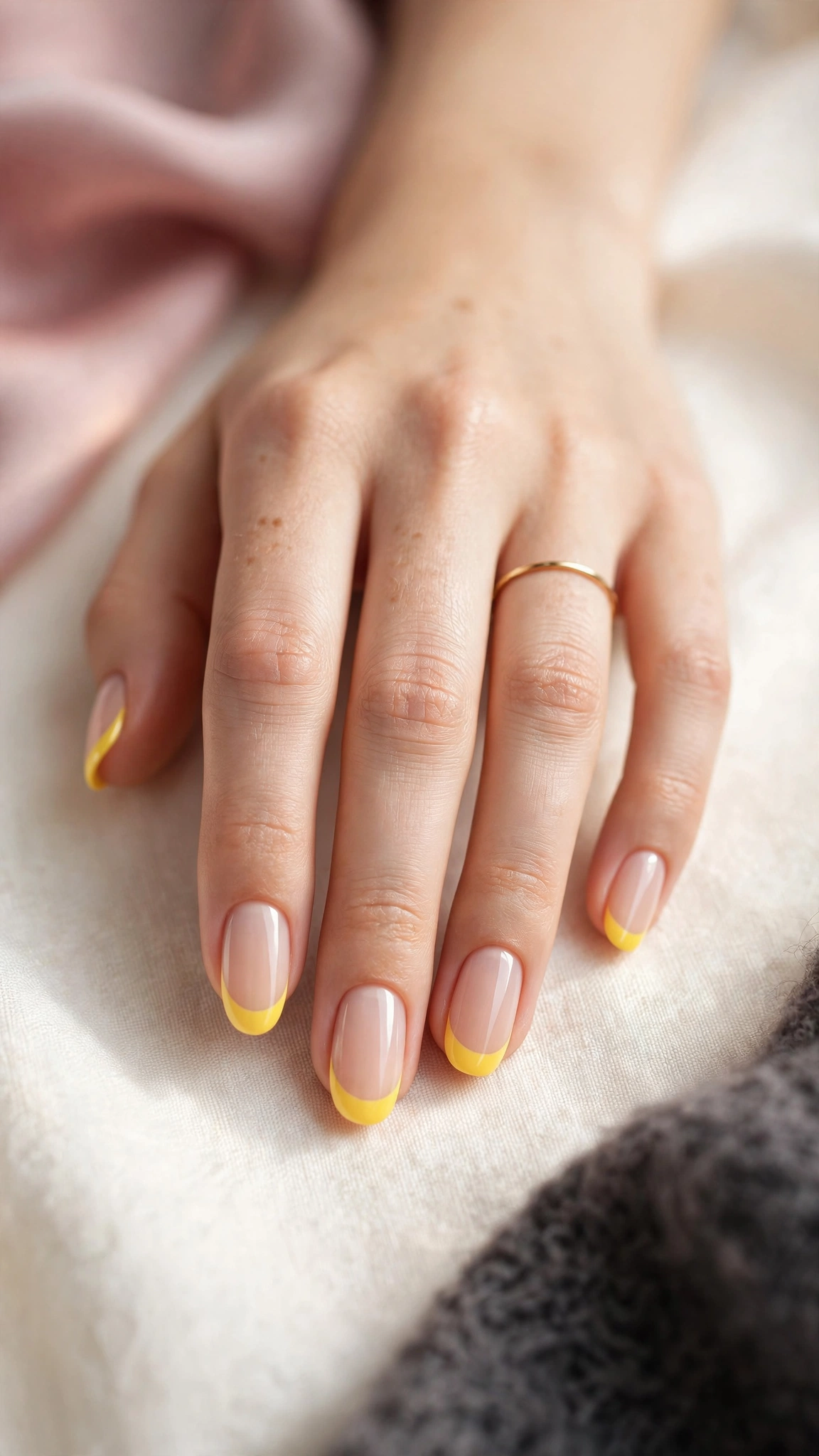 yellow French tip manicure, sheer nude base with bright yellow tips