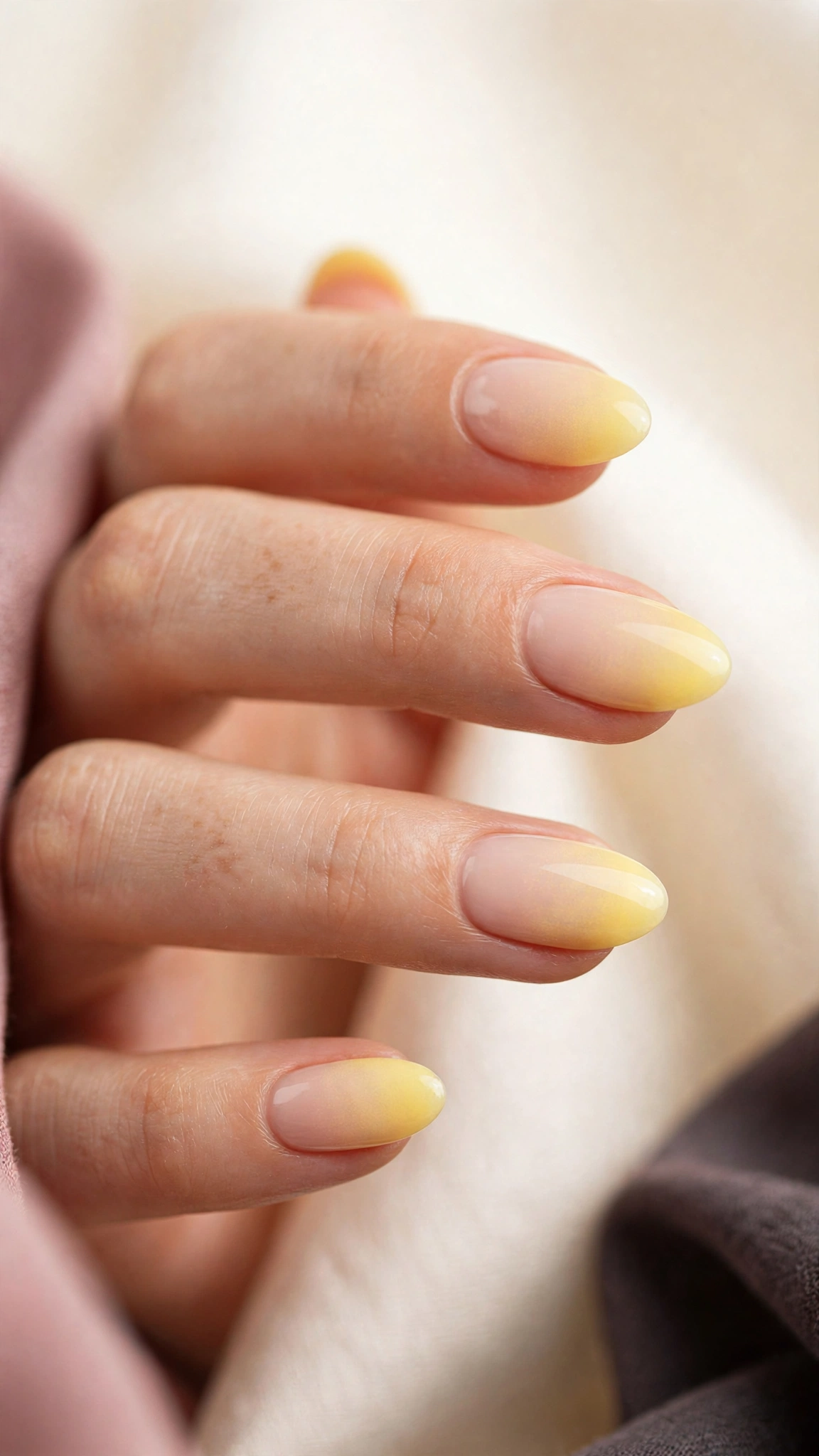 yellow aura nails, soft airbrushed yellow gradient halo on nude base