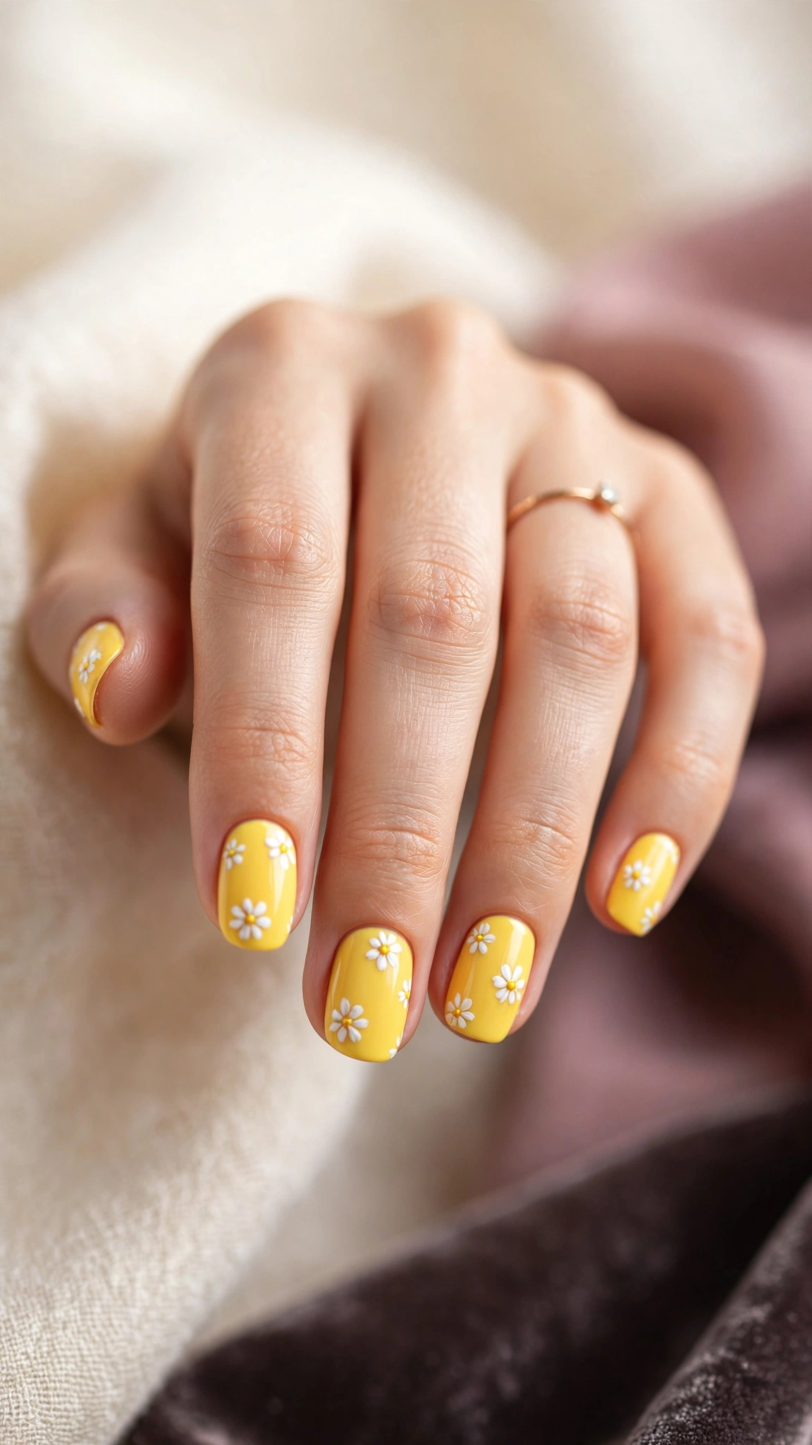 white daisy flowers painted on bright yellow nail polish base