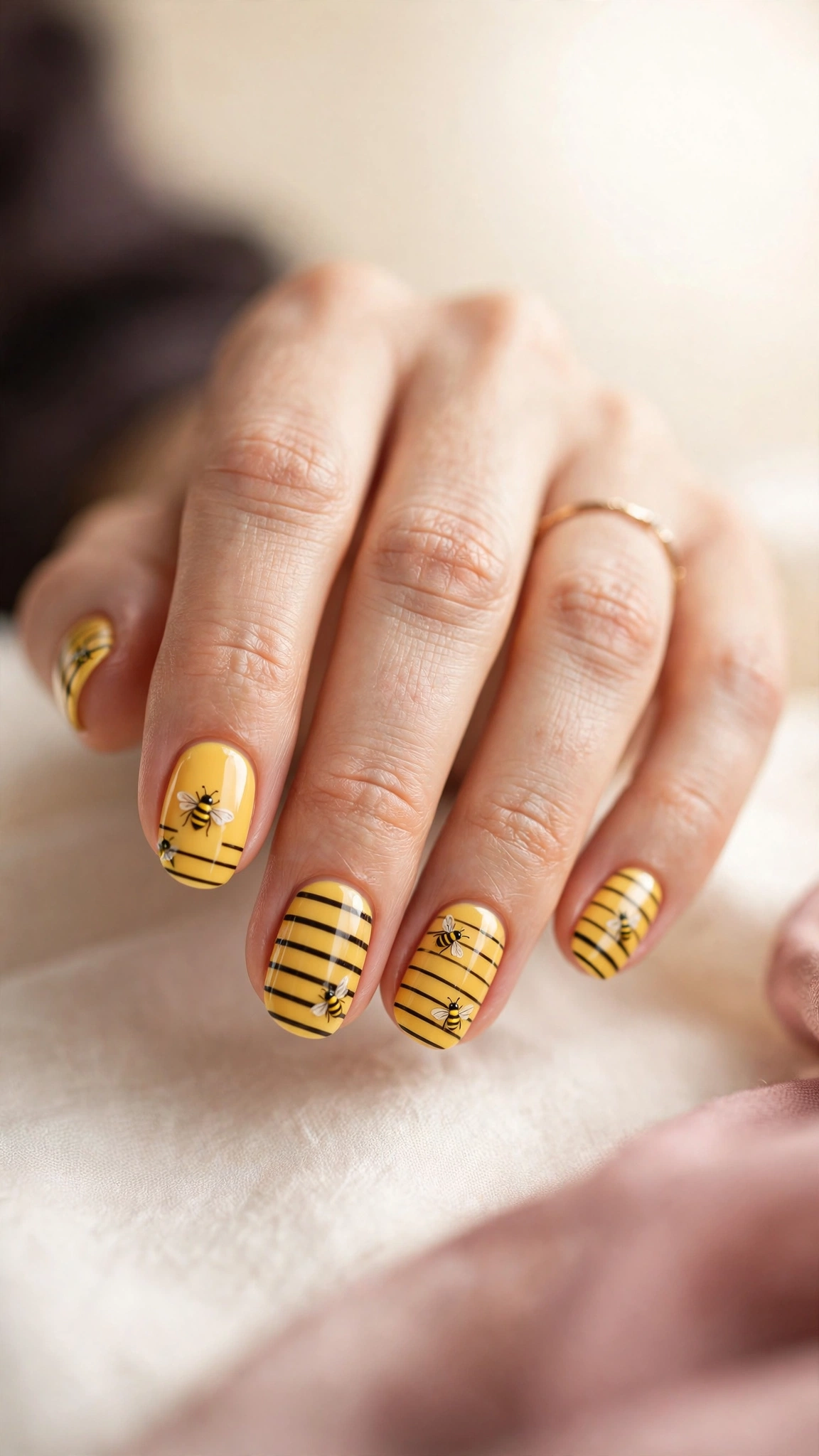 bee nail art, yellow base with black stripes and tiny bee designs