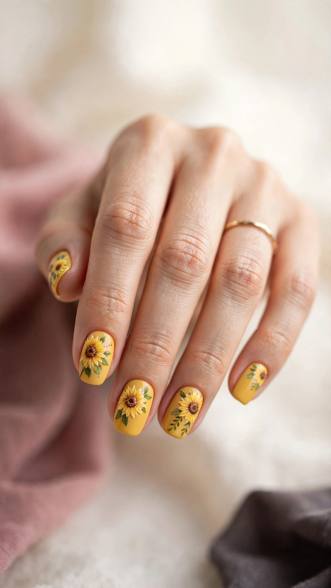 hand-painted sunflower nail art on mustard yellow base