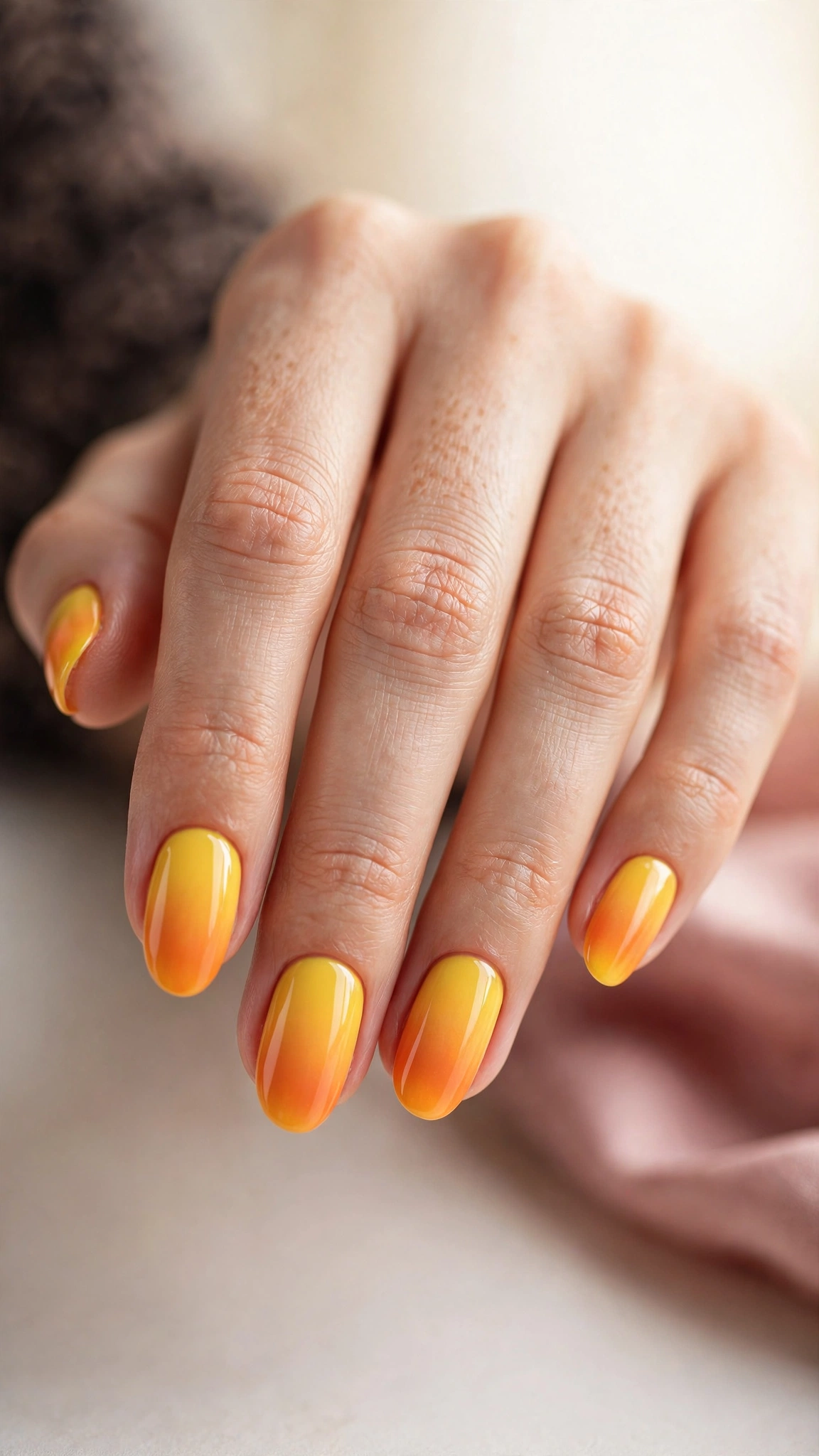 yellow to orange citrus ombre gradient nails, sunset blend