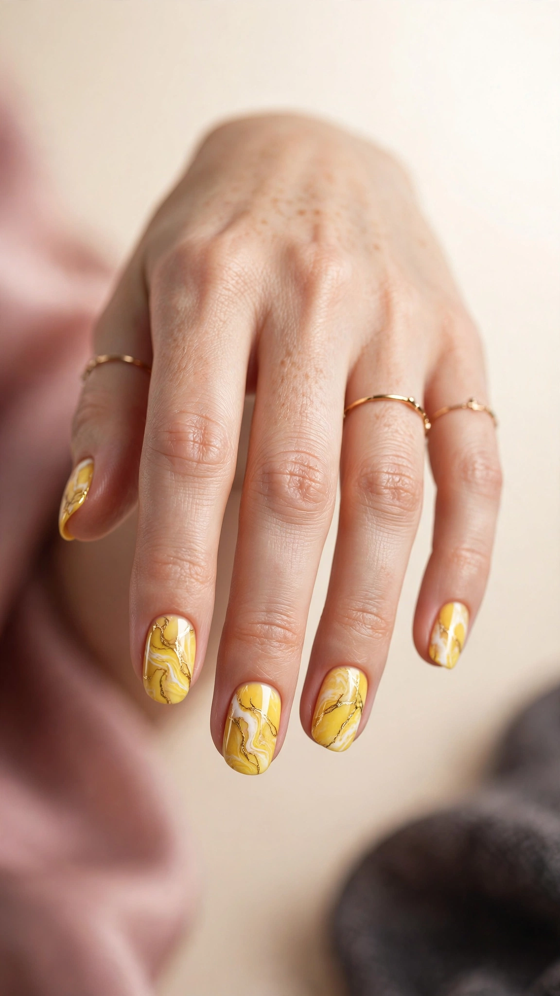 yellow marble nail art, white and gold veining on yellow base