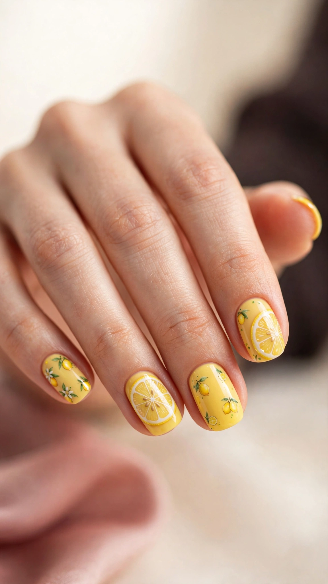 lemon slice nail art, citrus fruit designs on yellow nails