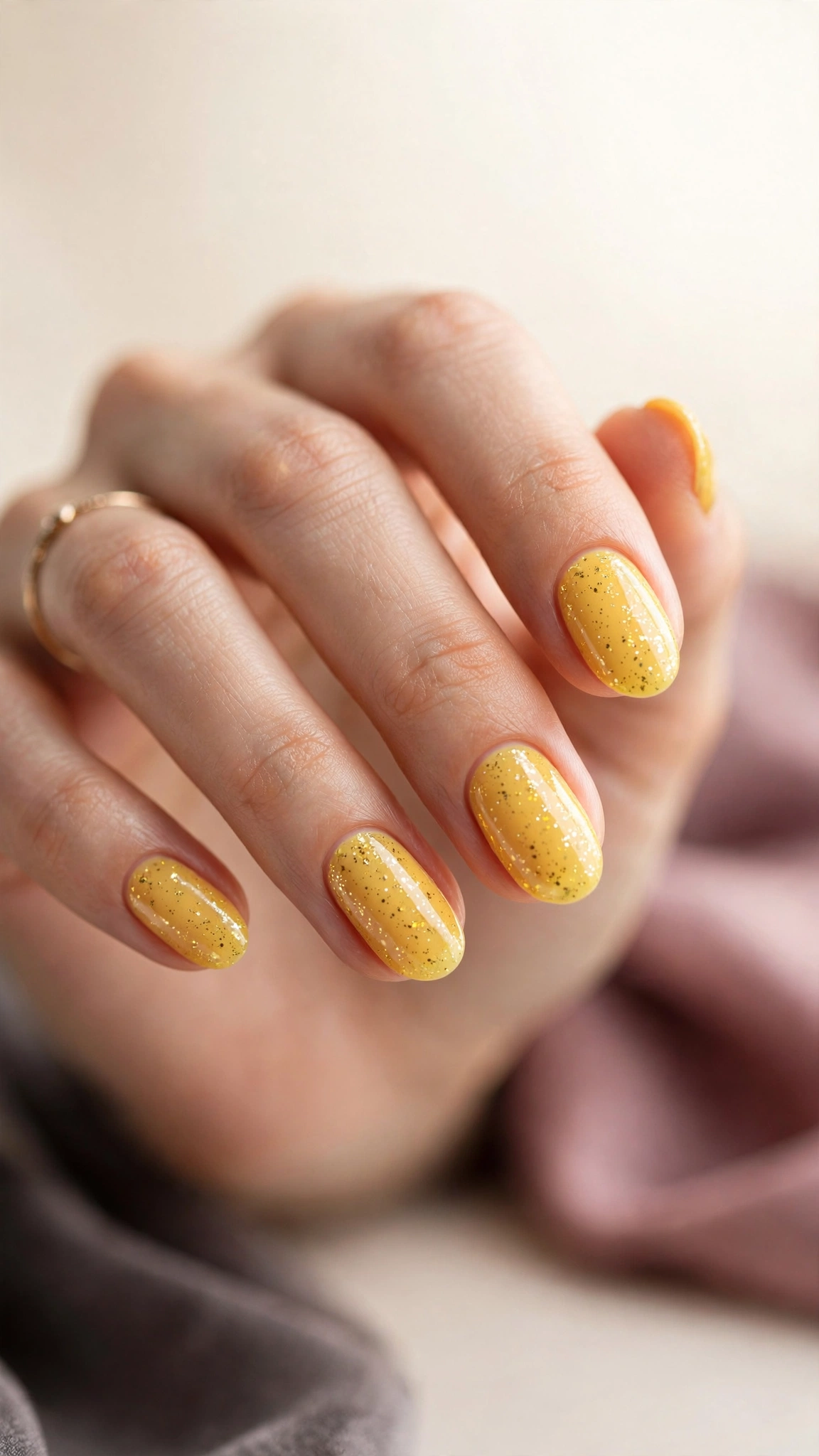 yellow nail polish with fine gold glitter flecks, sparkling finish