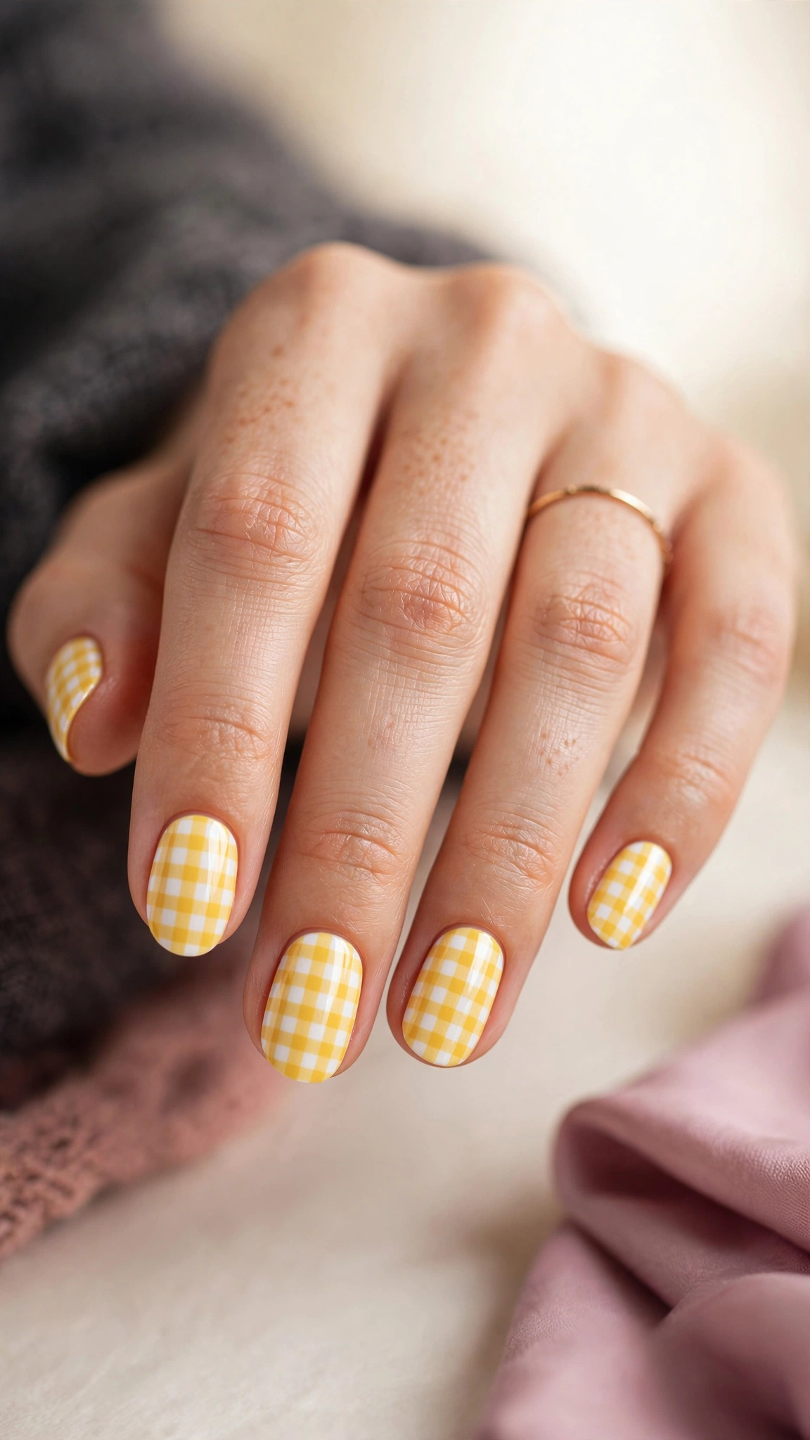 yellow and white gingham checkered nail art pattern