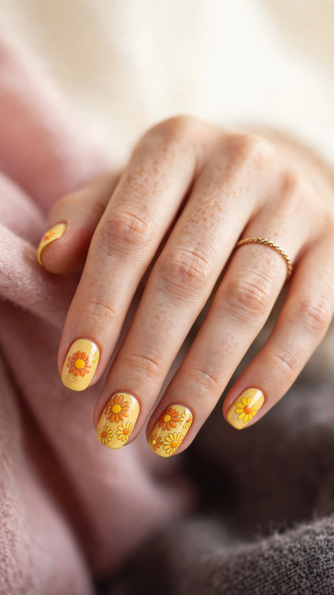 retro 70s daisy nail art, orange and yellow flowers