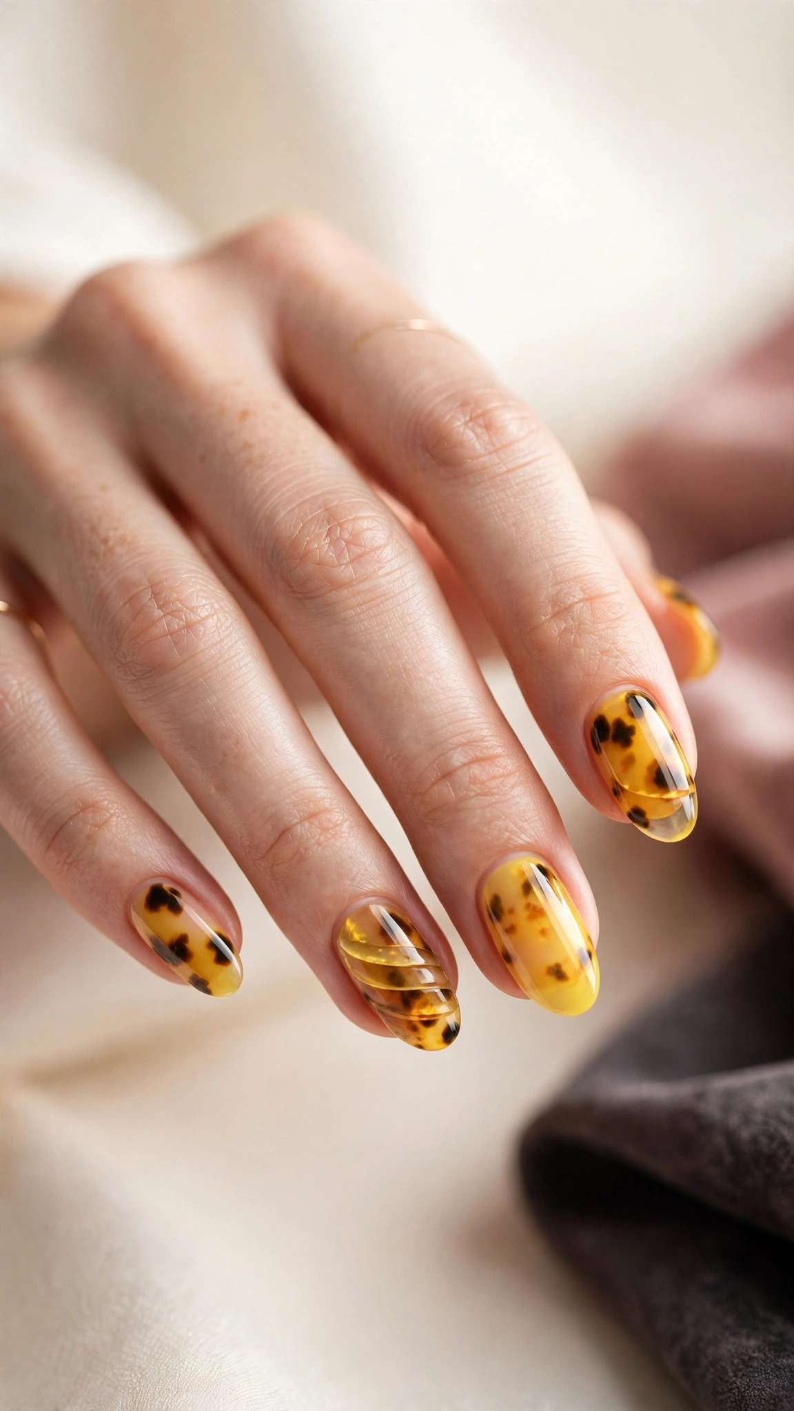 yellow amber tortoiseshell nail art, translucent layered pattern