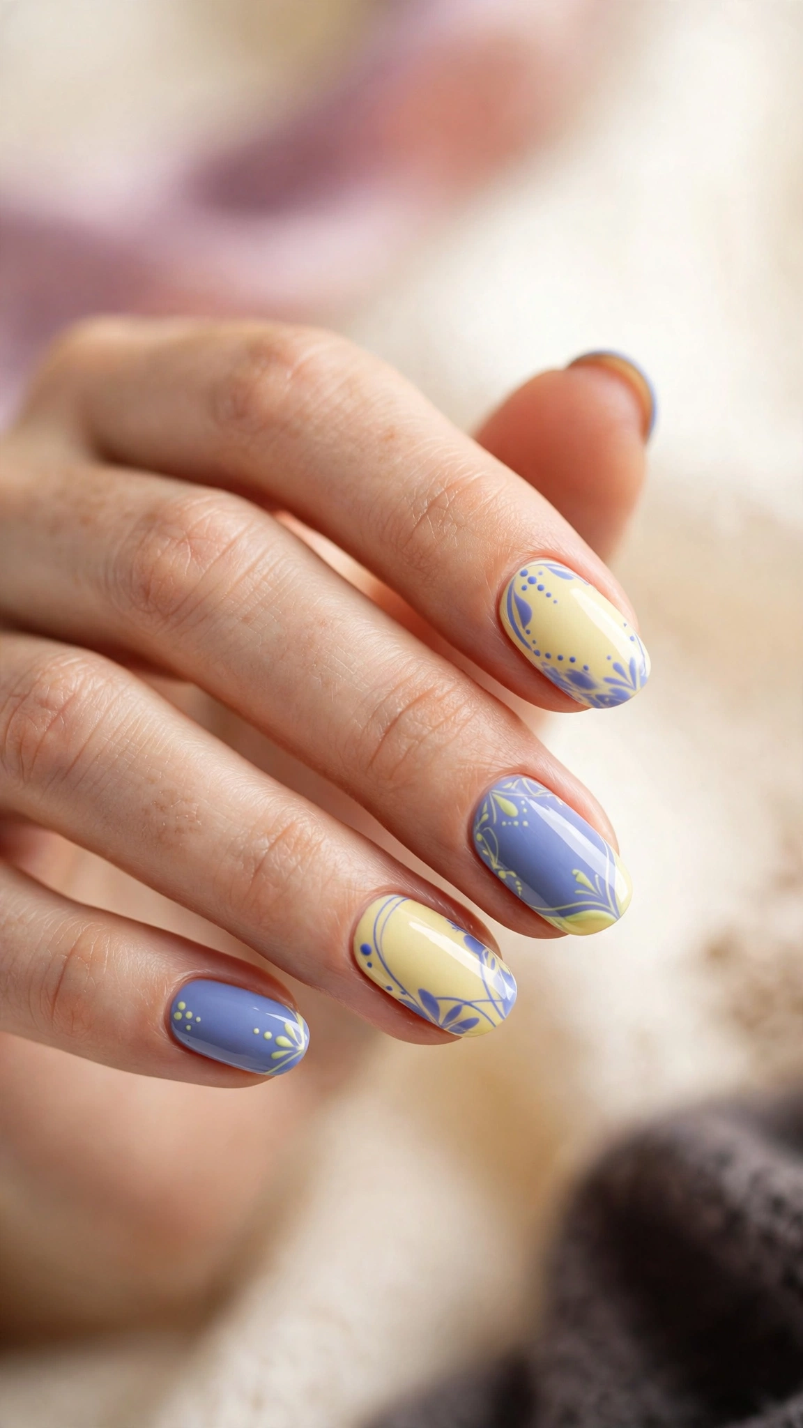 pastel yellow and periwinkle blue nail art combination