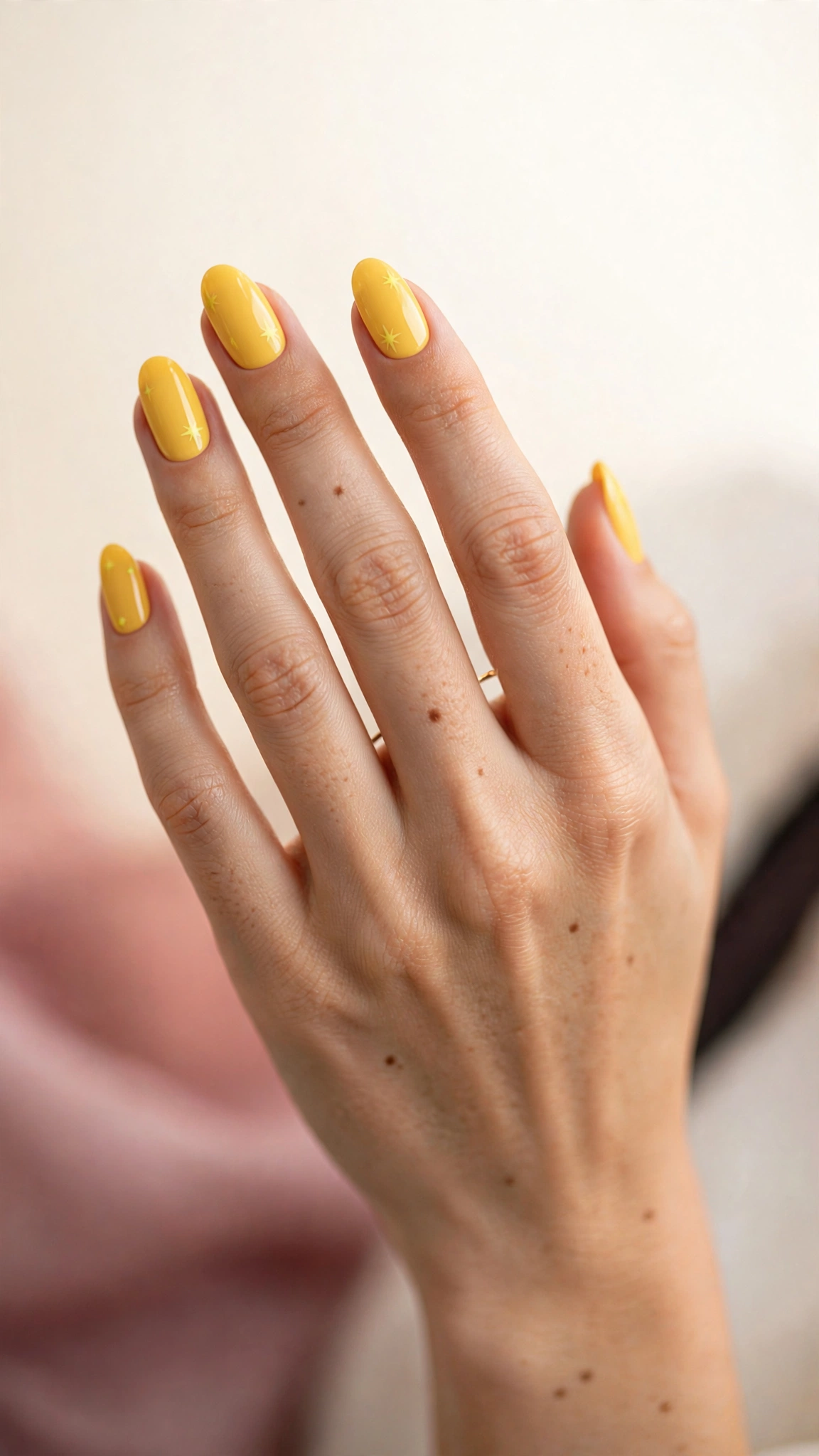 tiny yellow star nail art on nude base