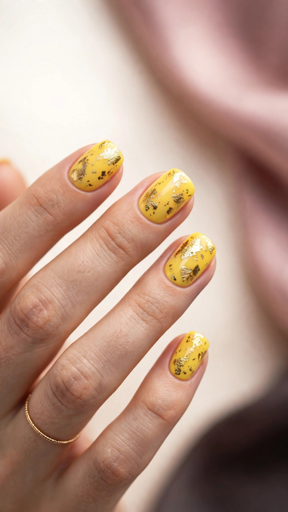 yellow nail polish with gold foil flakes, luxe metallic detail