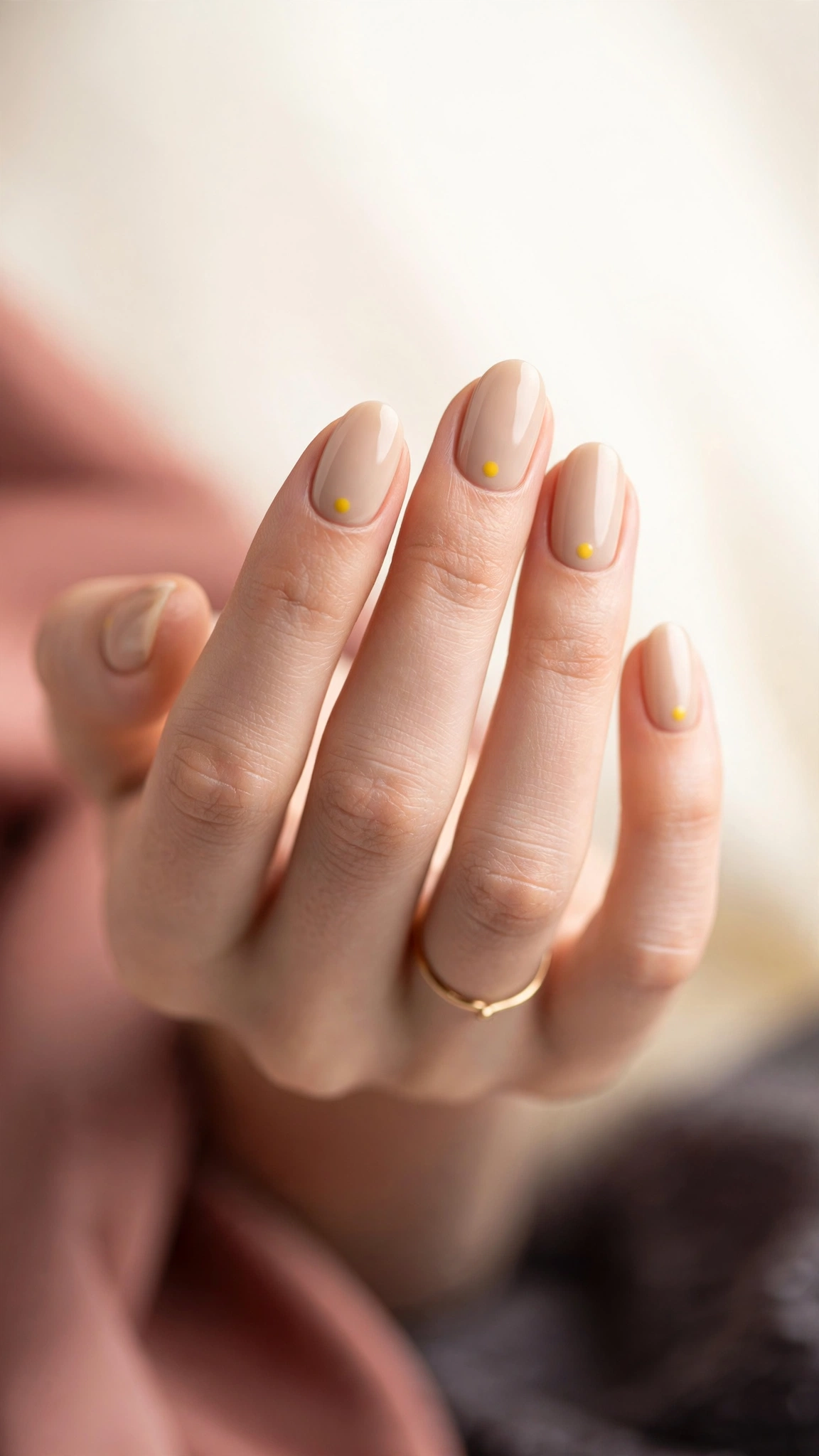 single minimalist yellow dot accent on nude nails