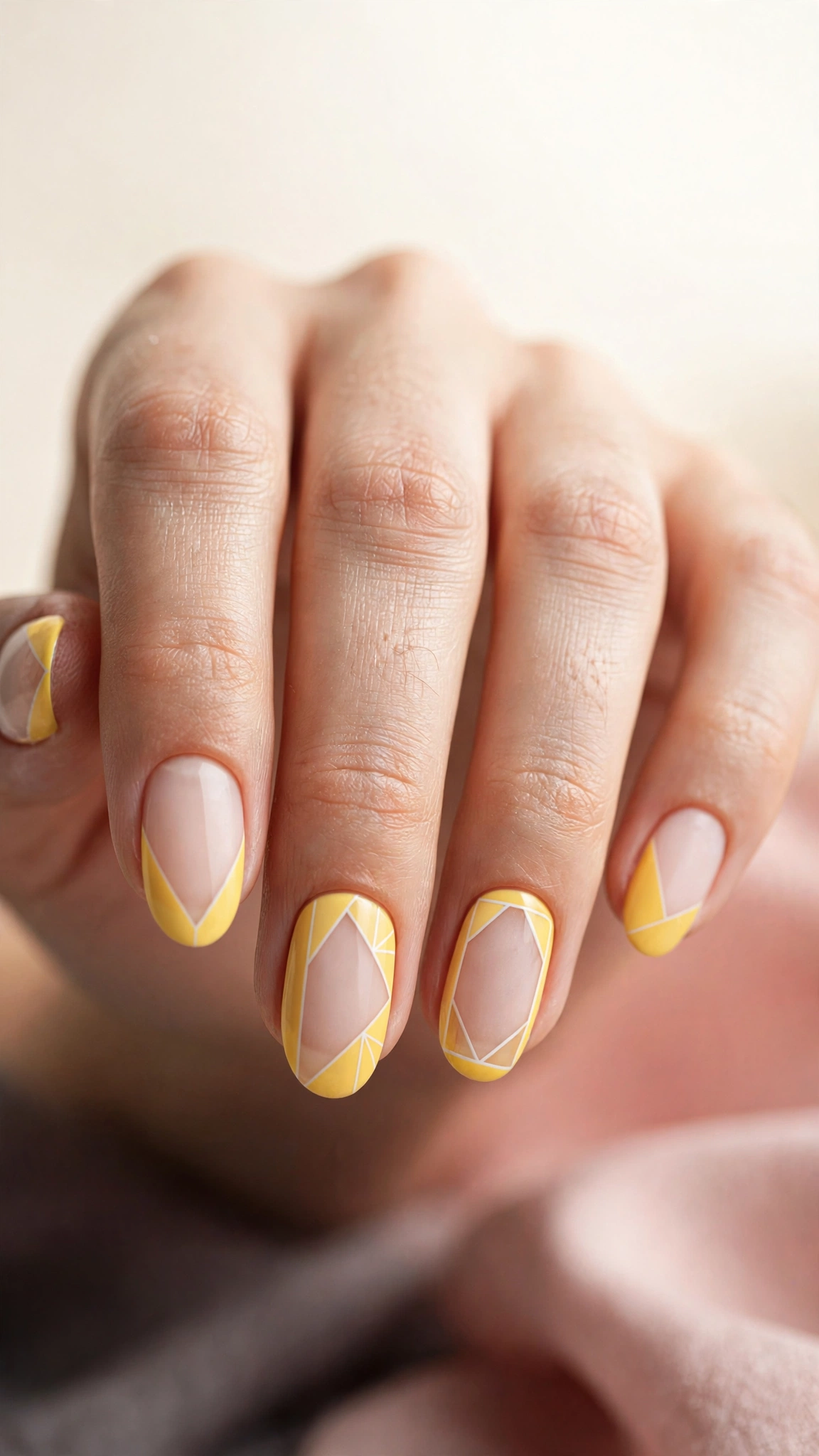 yellow negative space nail art, geometric bare nail designs