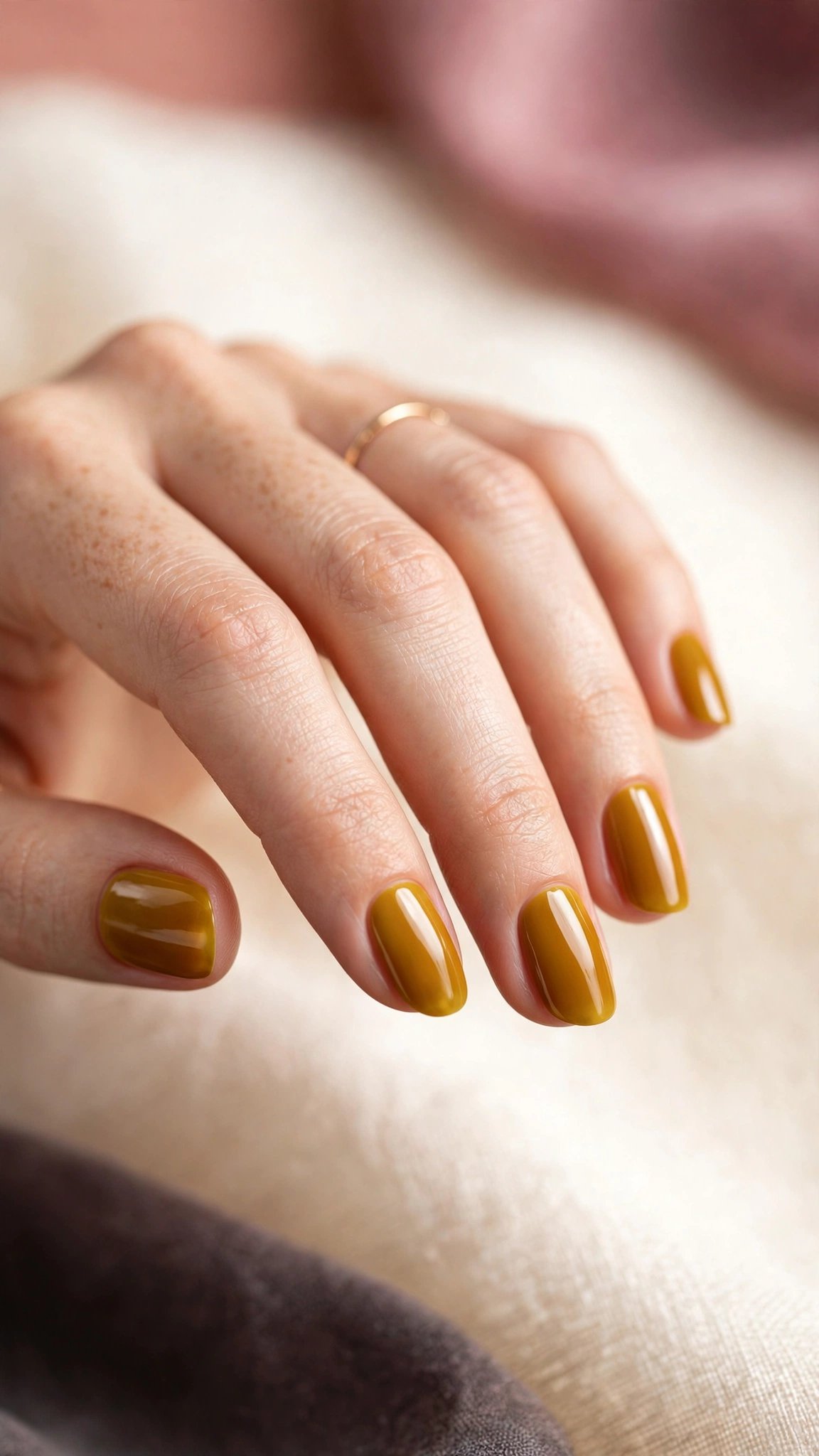 deep amber yellow nail polish, moody golden brown-yellow shade