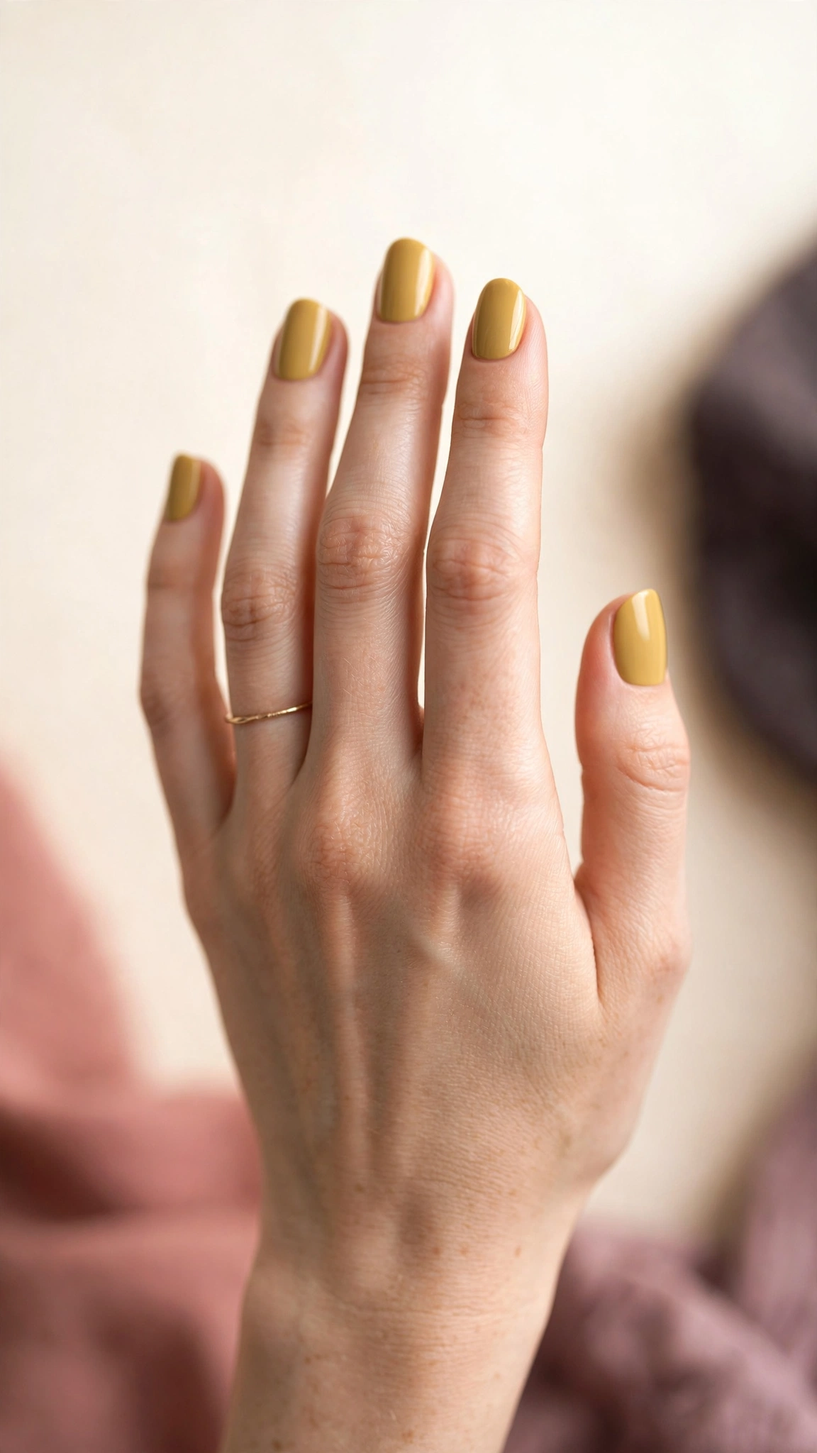 muted ochre yellow nail polish, sophisticated earthy tone